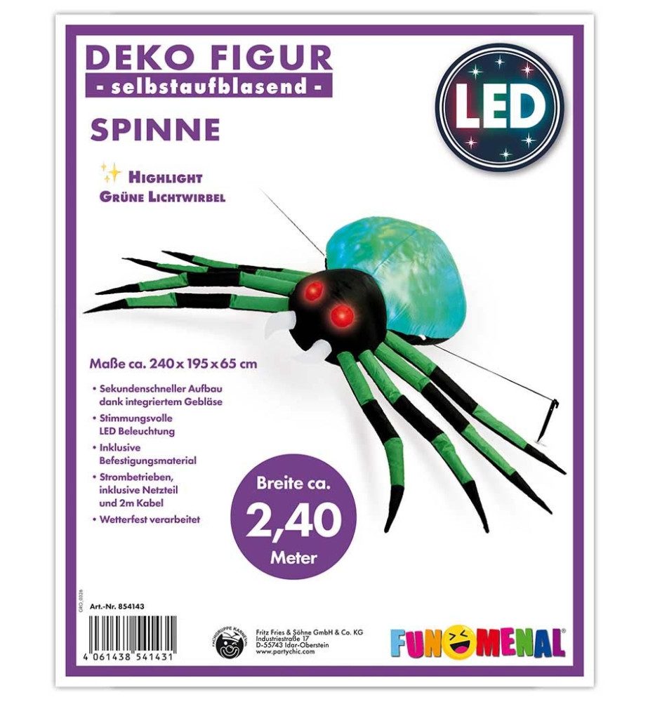 Fries Aufblasbares Partyzubehör XXL Selbstaufblasende Horror Spinne Garten Deko mit LED Halloween, 240 cm x 195 cm x 65 cm