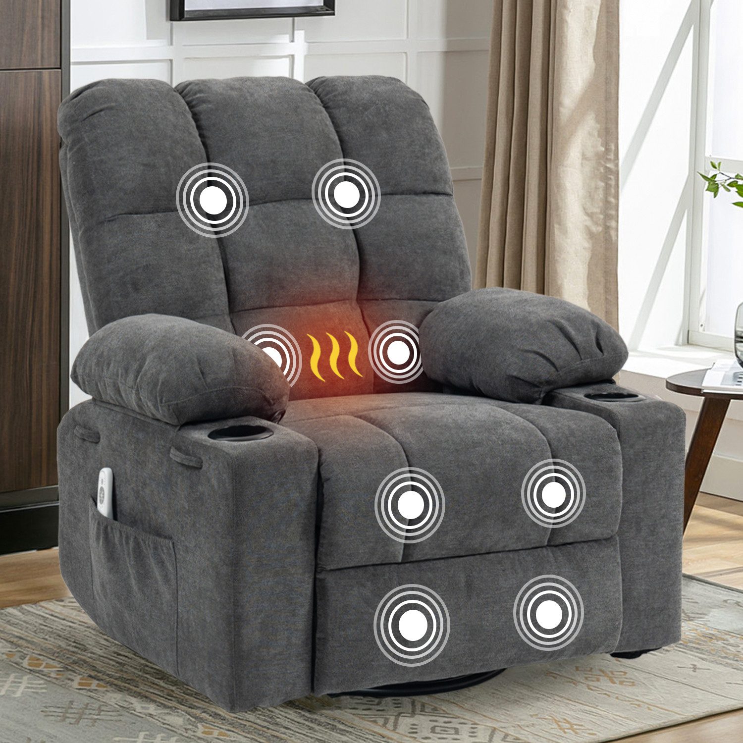BRTHORY Relaxsessel Massagesessel mit 8-Punkt-Vibration & Wärme – 360° Drehung (1-St), Wipp- & Liegefunktion, Bequemer Relaxsessel aus Chenille