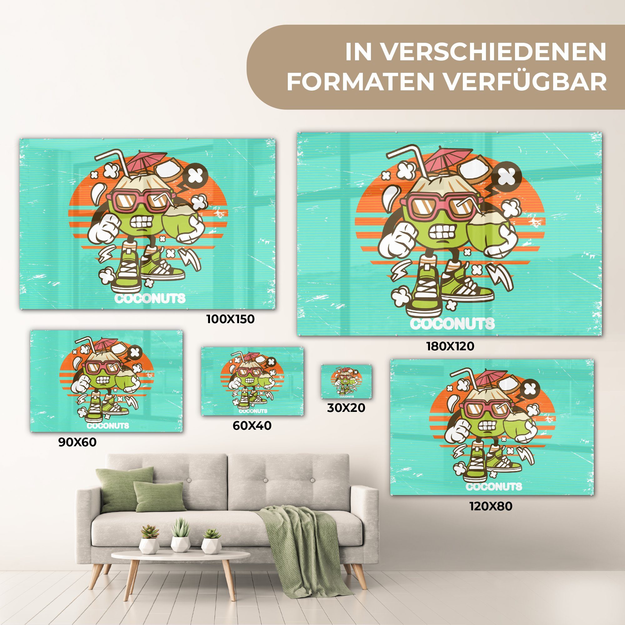 - MuchoWow - Gläser Wandbild auf Kokosnuss Glasbilder - auf Wanddekoration - (1 Bilder Retro, Glas Acrylglasbild Glas Foto St), -