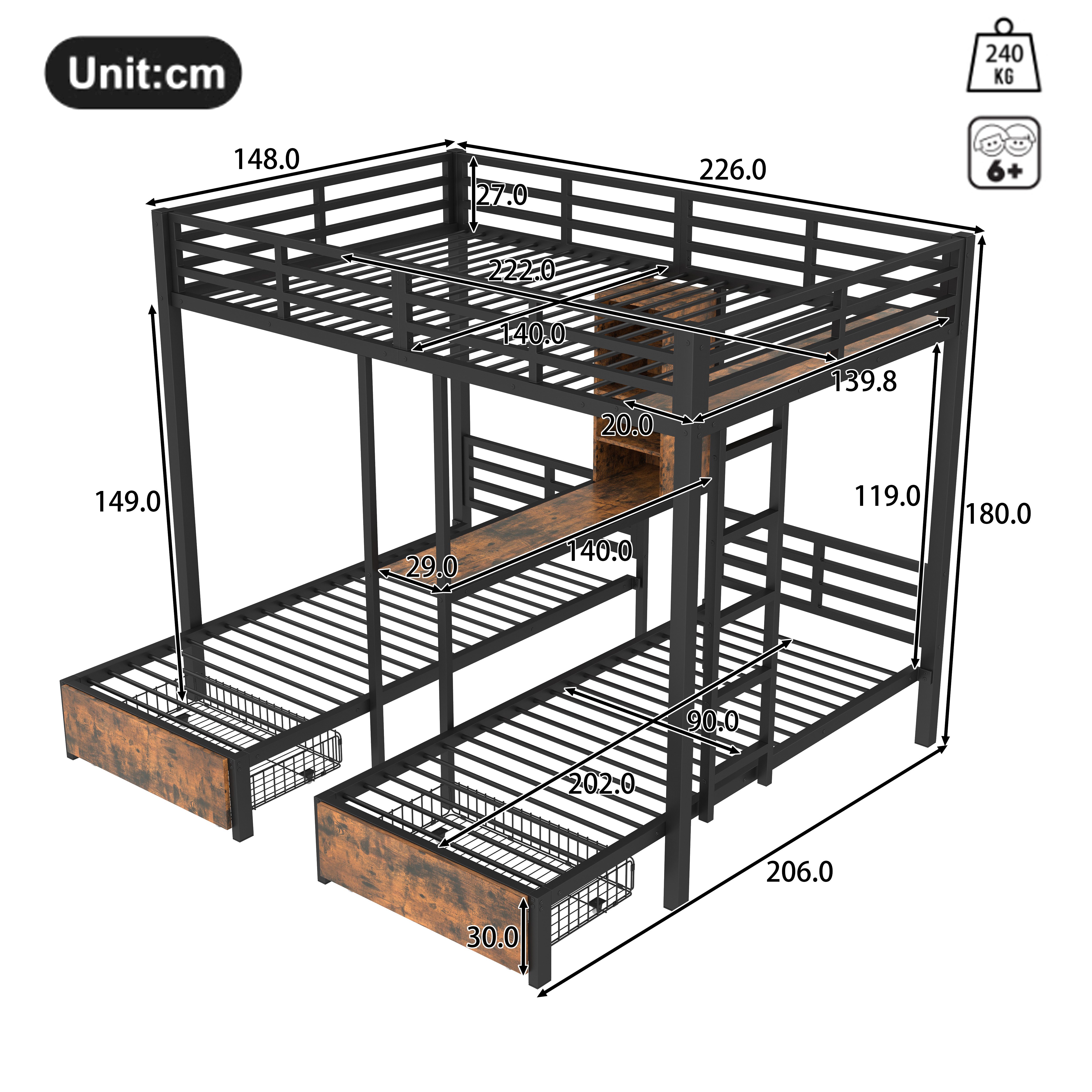 Ulife Etagenbett Metallbett Dreierbett 90/140x200cm mit Staufächern und 2 S günstig online kaufen