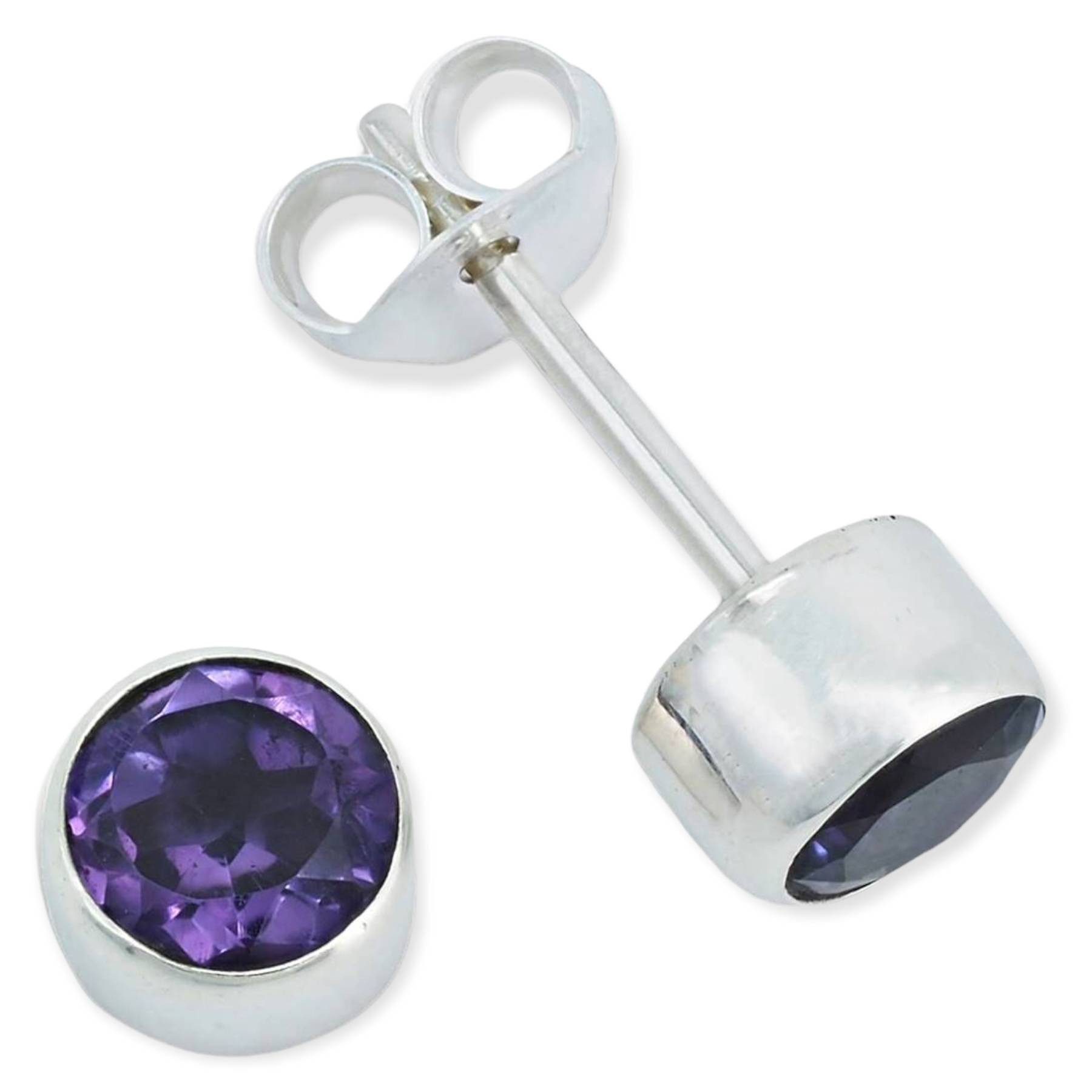 mantraroma Paar Ohrstecker SAMA rund klein aus 925 Silber mit Amethyst facettiert (Paar, Paar Ohrringe mit Schmuckbeutel), 925 Sterling Silber Ohrringe für Damen