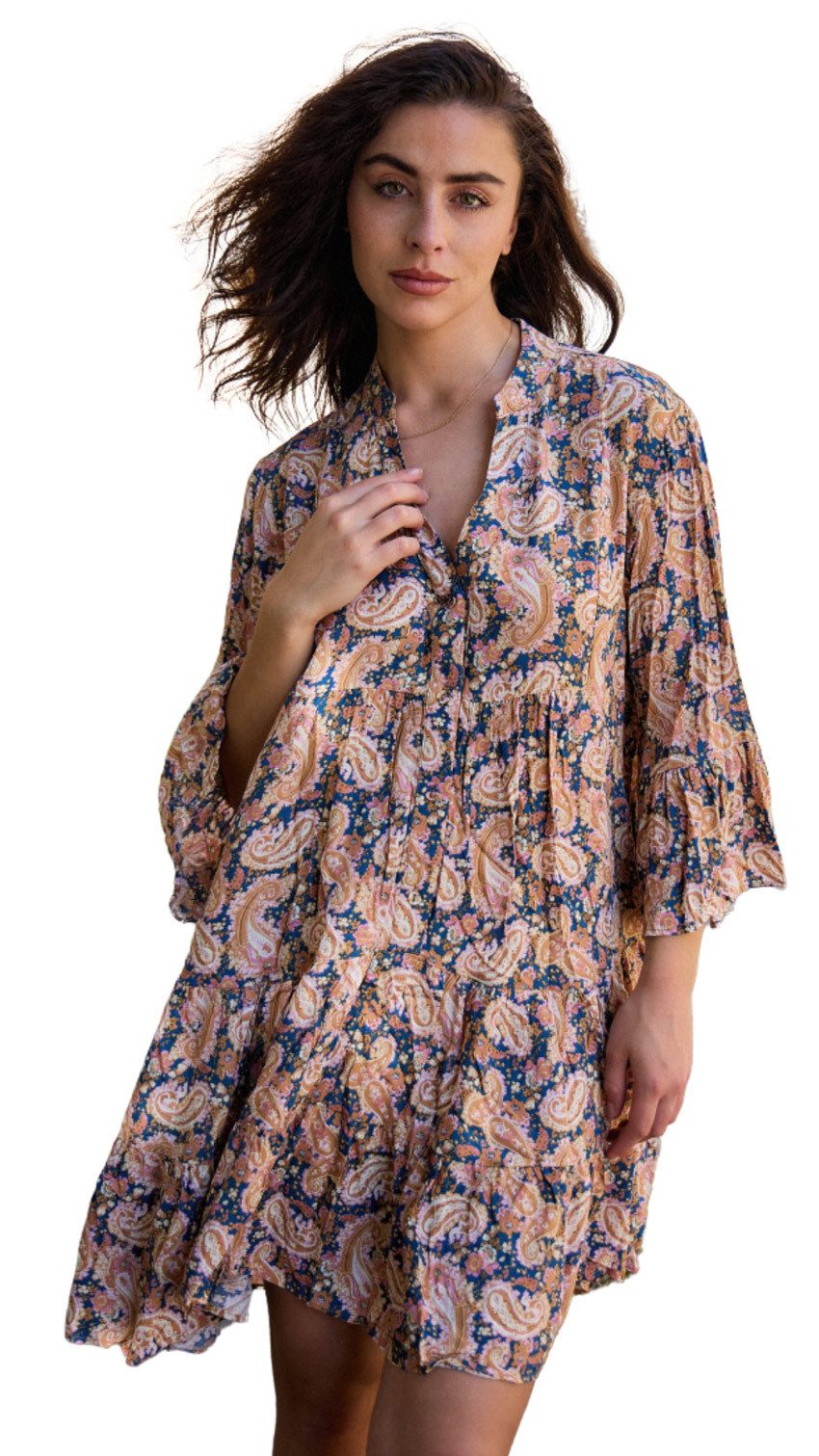 Charis Moda Sommerkleid Tunikakleid Paisley Druck Blau Bunt