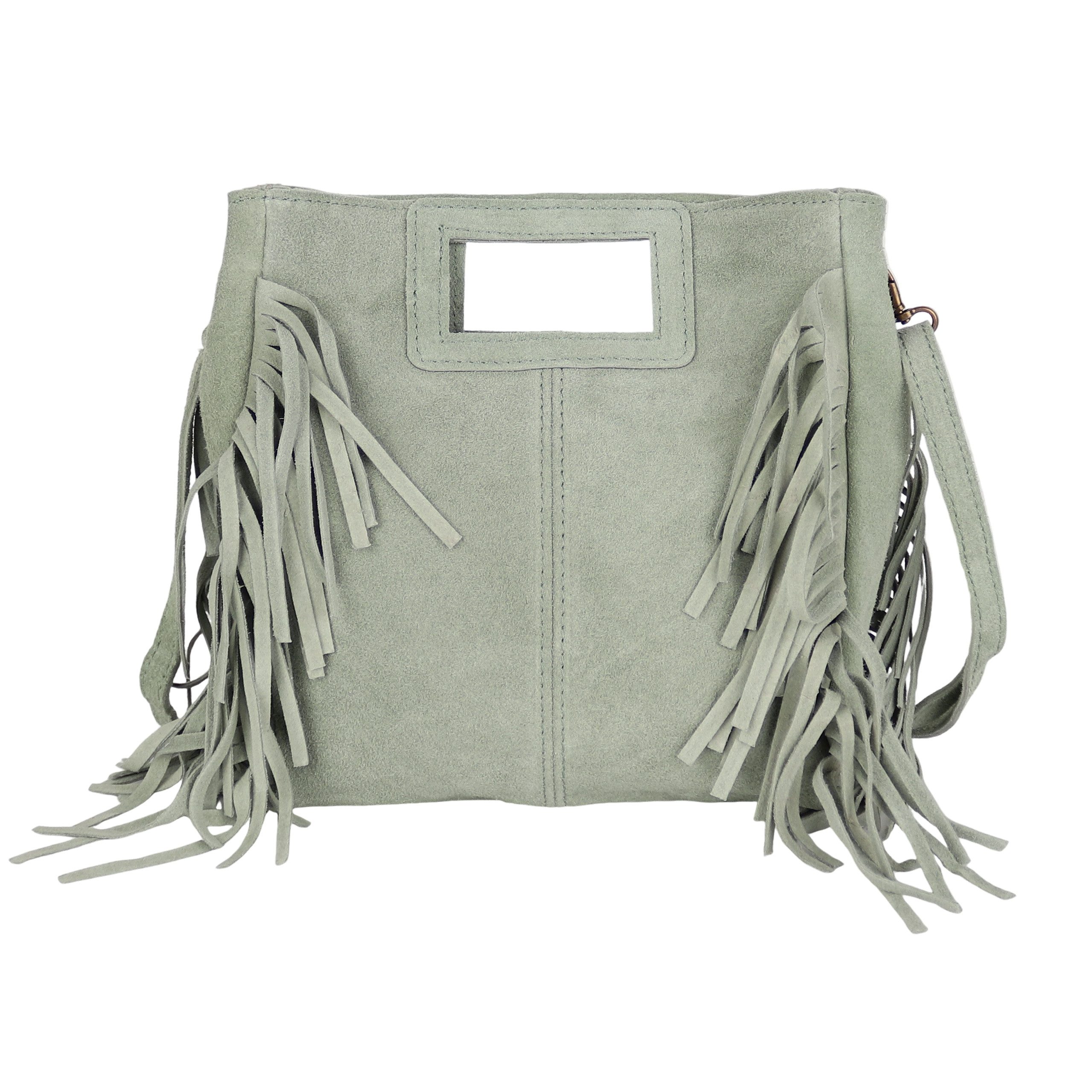 MIRROSI Umhängetasche Damen Crossbody Bag, Echtleder Made In Italy, wunderschöne Fransen (23x24x7cm) aus Wildleder