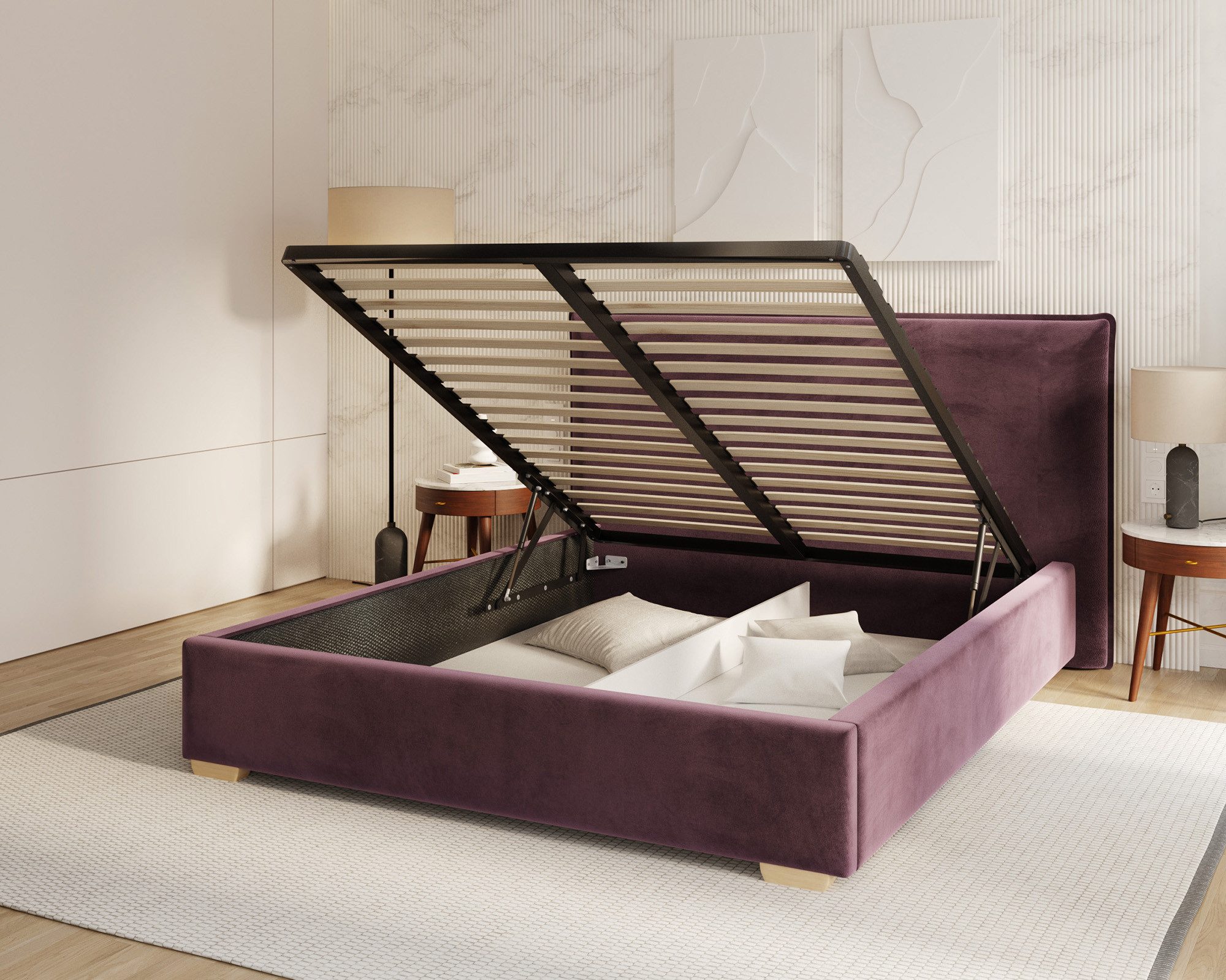 thematys Polsterbett Bett Stauraumbett Bezug Paris / 140x200, 160x200, 180x200cm (MADE IN EU - mit hochwertigem Velours Bezug, Bettrahmen, Bett, Optional mit Matratze bestellbar, mit großen gepolsterten Kopfteil), Metallrahmen mit Lattenrost, hydraulische Klappfunktion für Stauraum, mit großen gepolsterten Kopfteil, mit Bettkasten zum aufklappen), Metallrahmen mit Lattenrost, hydraulische Klappfunktion für Stauraum, mit großen gepolsterten Kopfteil, mit Bettkasten zum aufklappen), Metallrahmen mit Lattenrost, hydraulische Klappfunktion für Stauraum