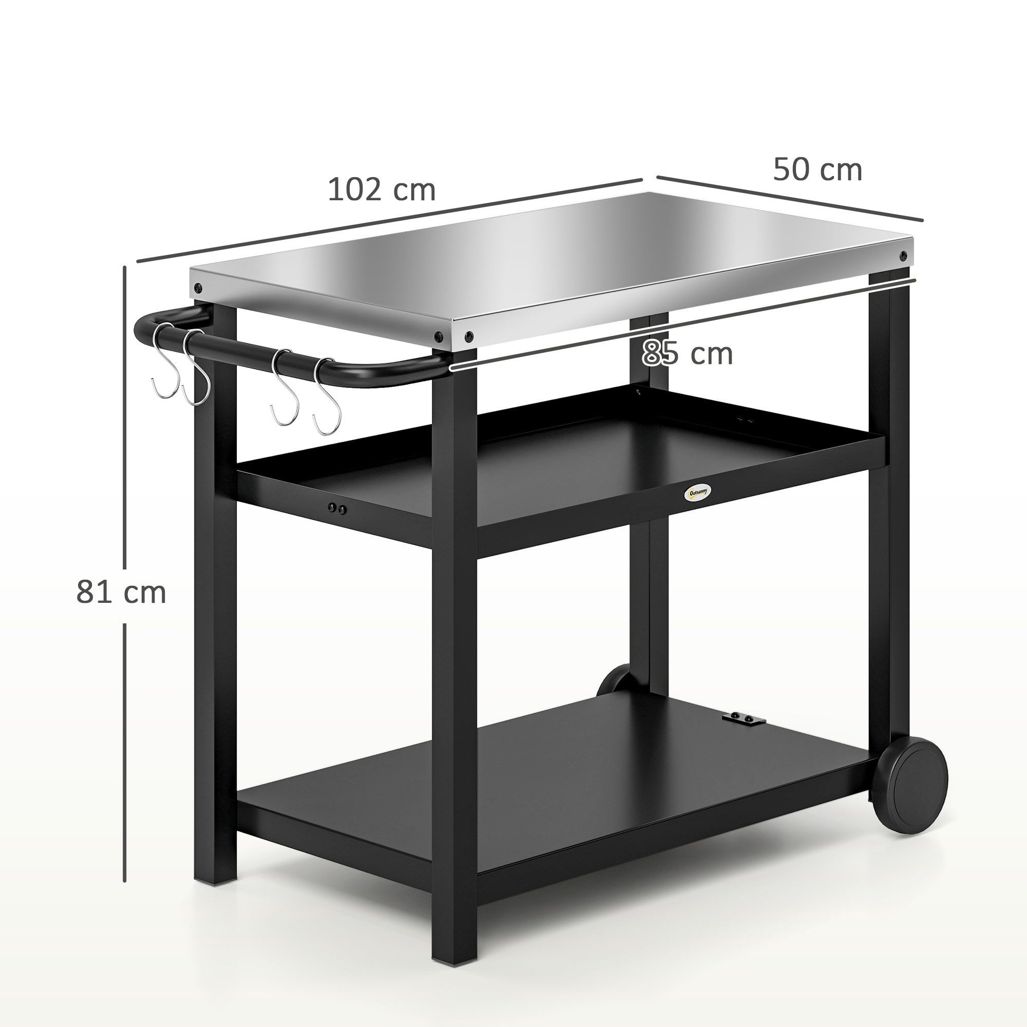 Outsunny Servierwagen 3-Etagen, mit Arbeitsfläche Ablagen Haken Räder, (BBQ Grilltisch, 1 St., Grillwagen aus Edelstahl), für Garten, Grill, 102 x 50 x 81cm, Kohlegrau