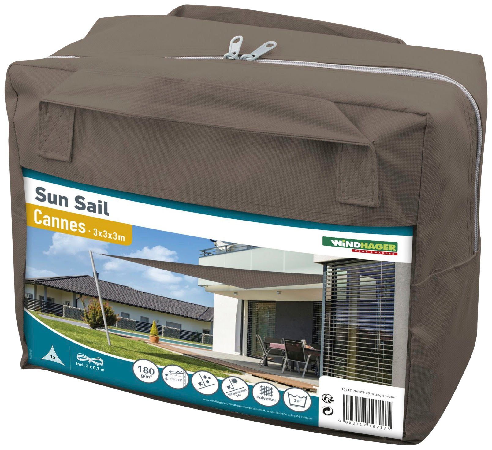 Windhager Cannes Triangle Sun Sail, 3x3x3m, taupe