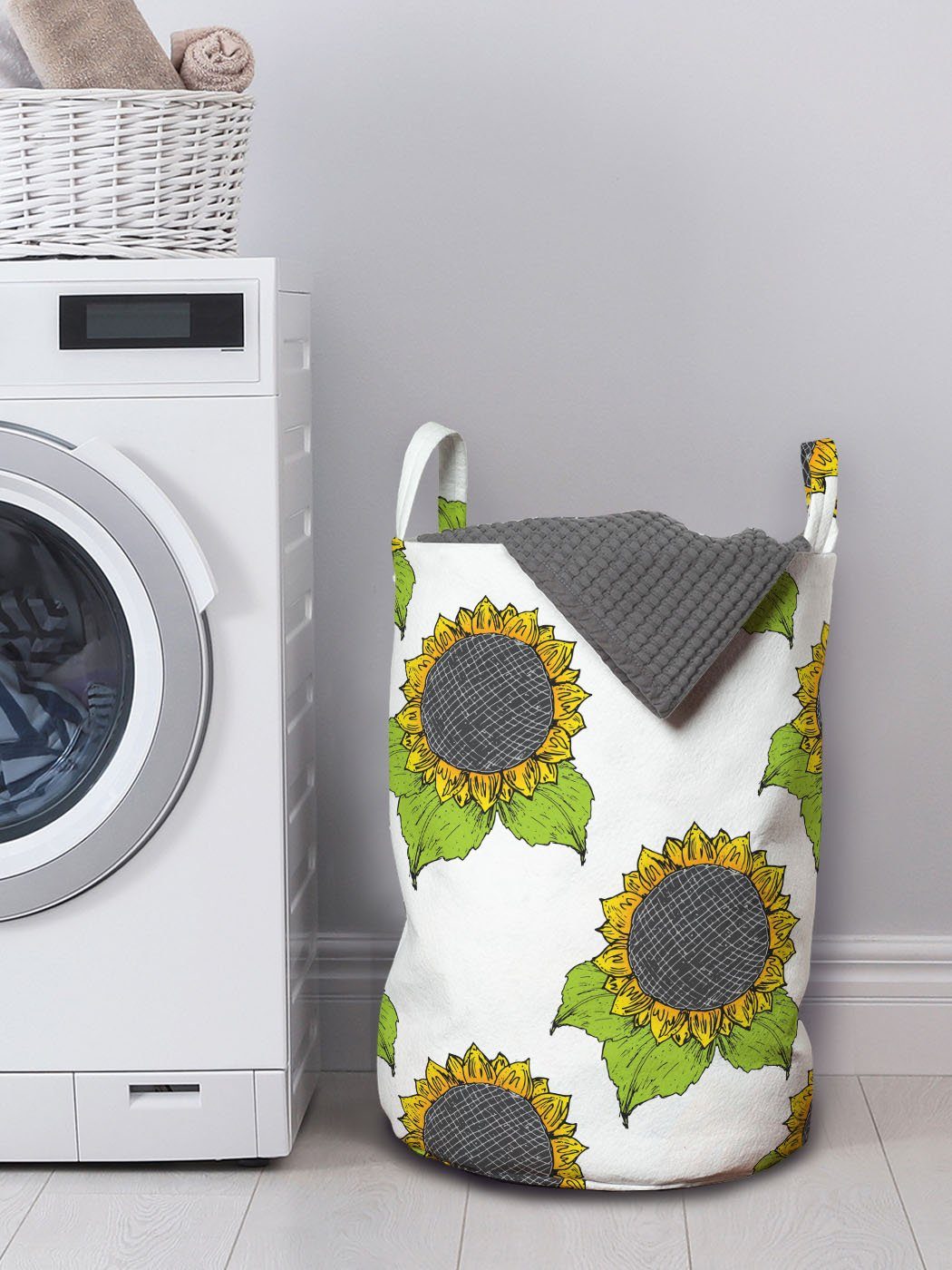 mit für Waschsalons, Griffen Wäschesäckchen Wäschekorb Frühlings-Sonnenblume-Skizze Kordelzugverschluss Abakuhaus Blumen
