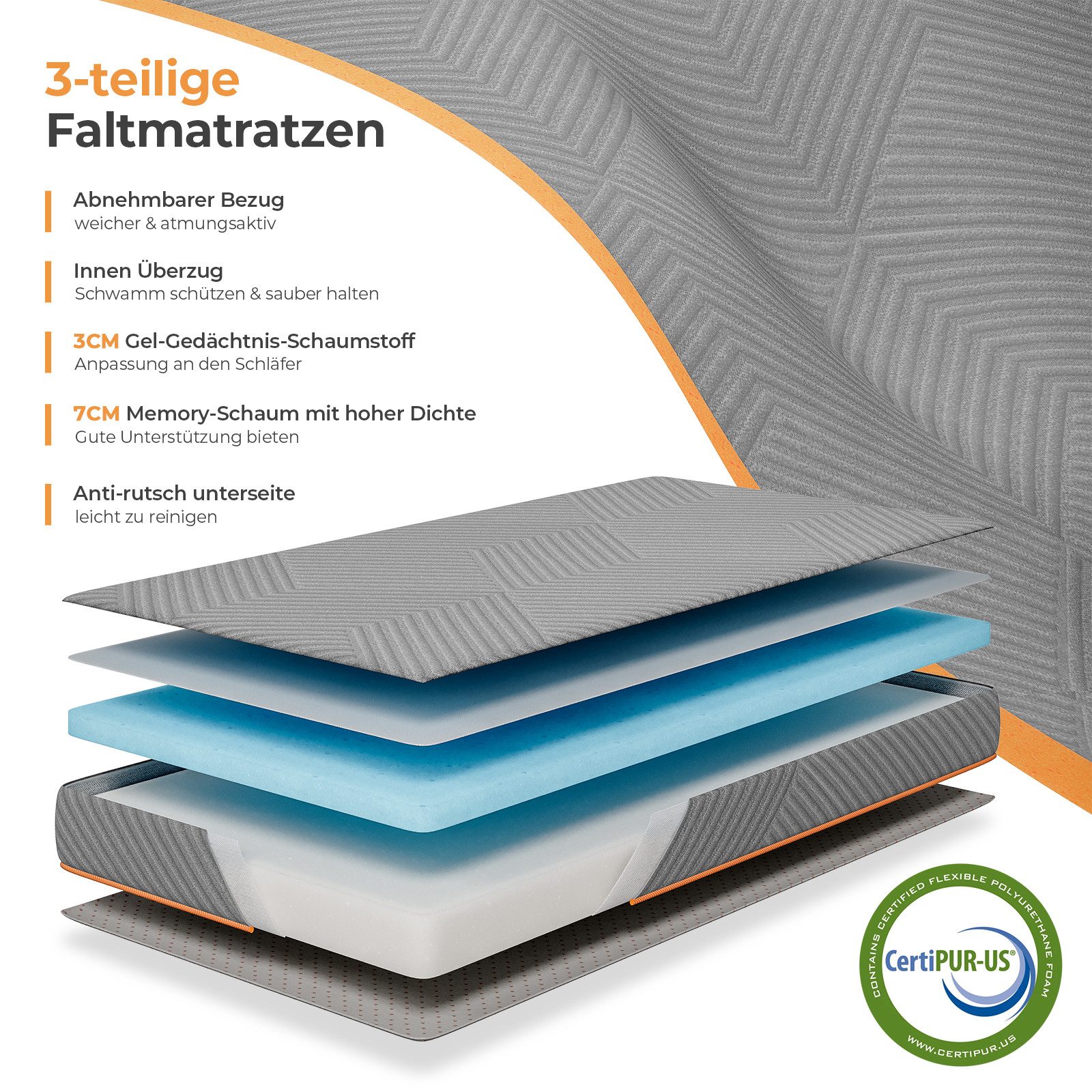 Klappmatratze 3-teilige Faltmatratze Gästematratze in grau, günstig online kaufen