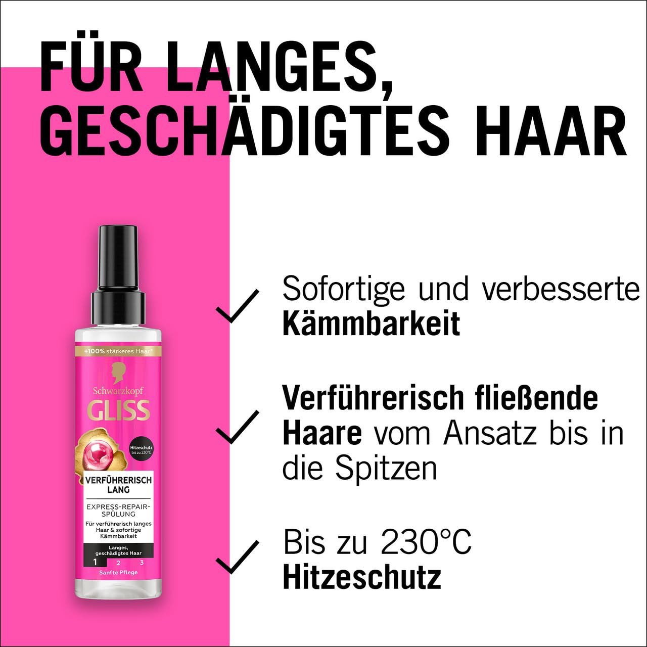 Gliss Haarshampoo Verführerisch Lang 250ml & Express-Repair-Spülung 200ml, 2-tlg., Pflegeshampoo, Pflegespülung, Hitzeschutz, Sprüh-Spülung
