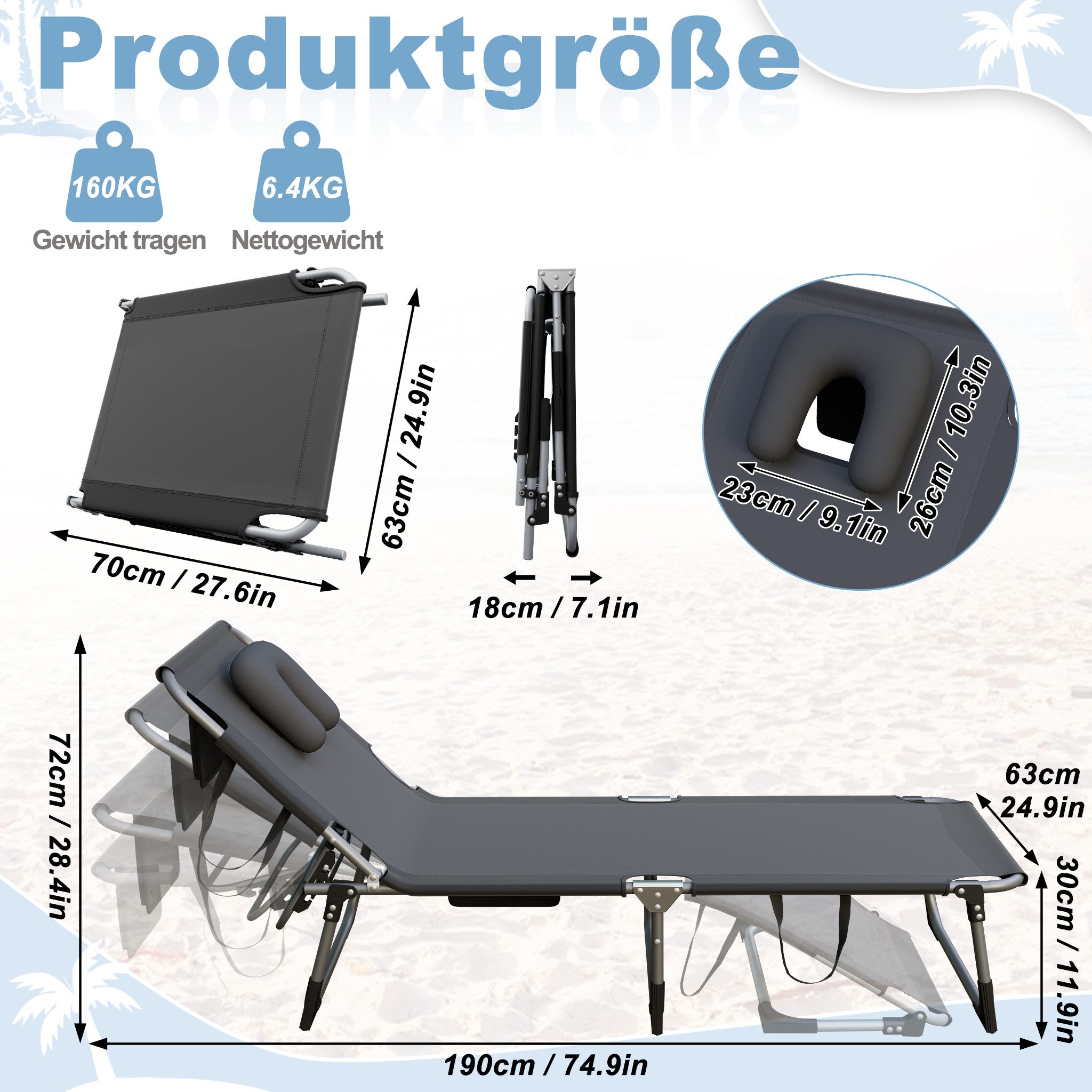 FIVMEN Gartenliege Faltbare Sonnenliege mit Gesichtsausschnitt 4 fach verstellbar 160kg, Garten Strandliege mit Kopfkissen Seitentasche Tragegriffe, 190x63cm – Bild 2 von 5