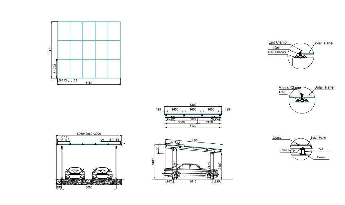Home Feeling Doppelcarport Carport Gestell für 2 Autos inkl. 15 Solarmodule, Silber