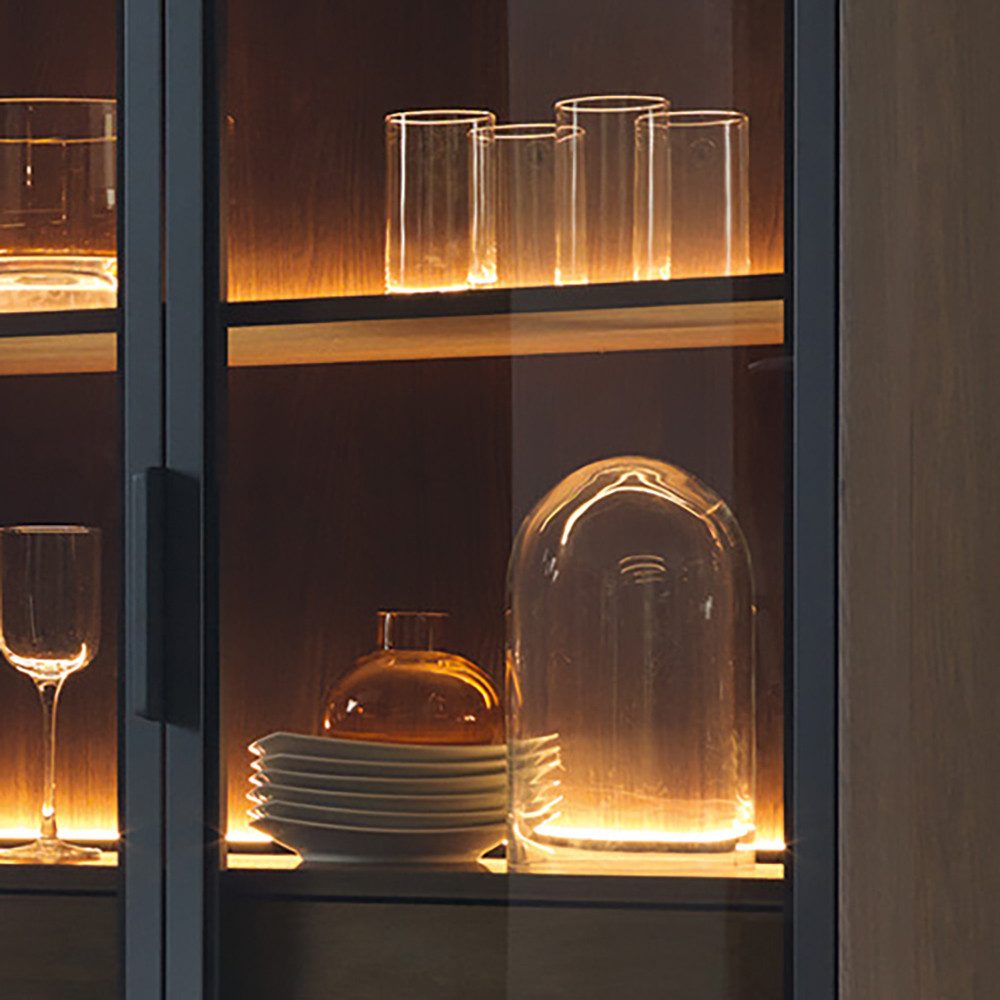 Lomadox Wohnzimmer-Set LEXINGTON-167, (Mega-Spar-Set, 2-St., Vitrine Lowboard inkl. LED-Beleuchtung), Eiche Nb. mit schwarz, viel Strauraum, LED-Beleuchtung