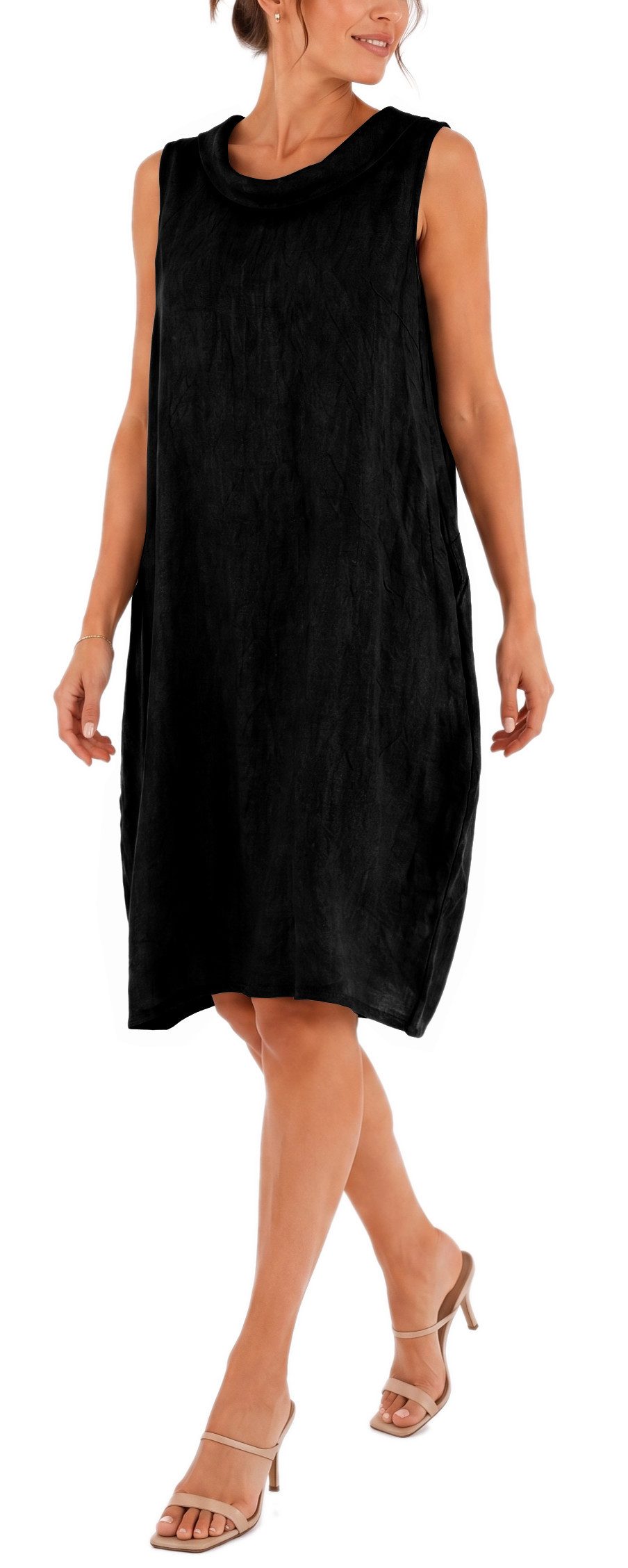 dy_mode Midikleid Damen Leinenkleid Luftiges Midi Sommerkleid Ballonkleid Strandkleid in Unifarbe, Wasserfallkragen, mit seitlichen Eingriffstaschen