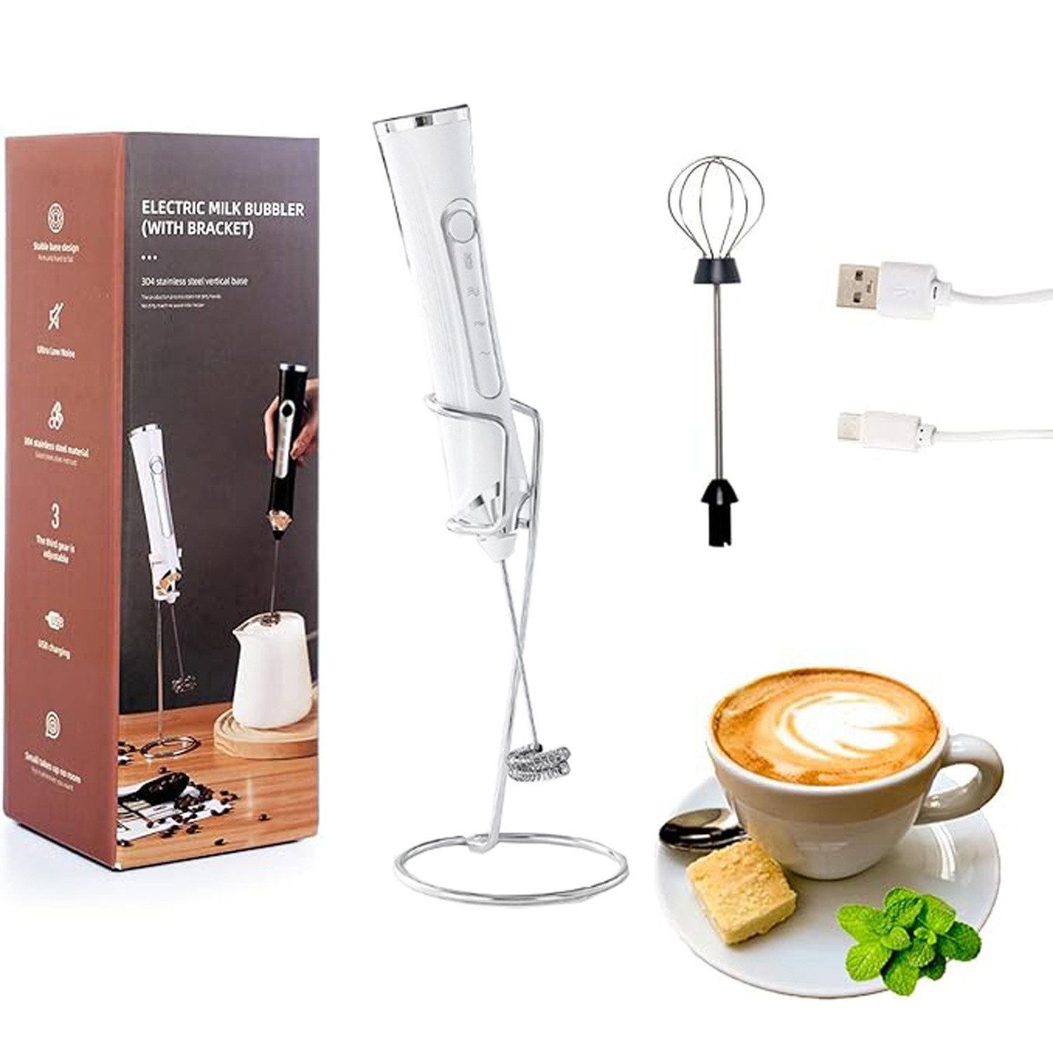 AURIVION Milchaufschäumer Wiederaufladbarer Milchaufschäumer Handheld für Kaffee, 30 W, Elektrischer Milchschäumer für Cappuccino, Latte & Getränke
