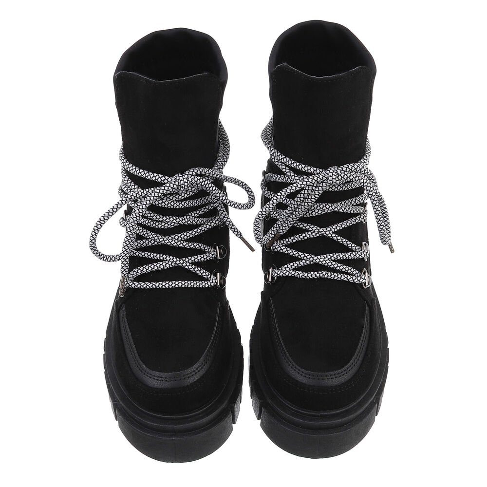 Ital-Design Damen Worker Boots Freizeit Schnürstiefelette (84338138) Blockabsatz Plateaustiefeletten in Schwarz