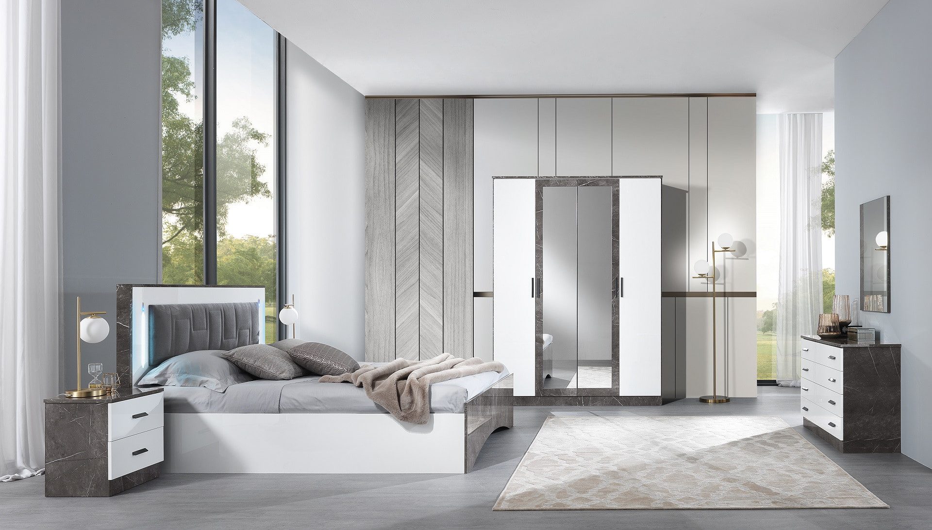 Interdesign24 Schlafzimmer-Set Iris, (6-Teilig, mit Kopfteilpolsterung, in Weiß/Grau Hochglanz), Made in Italy