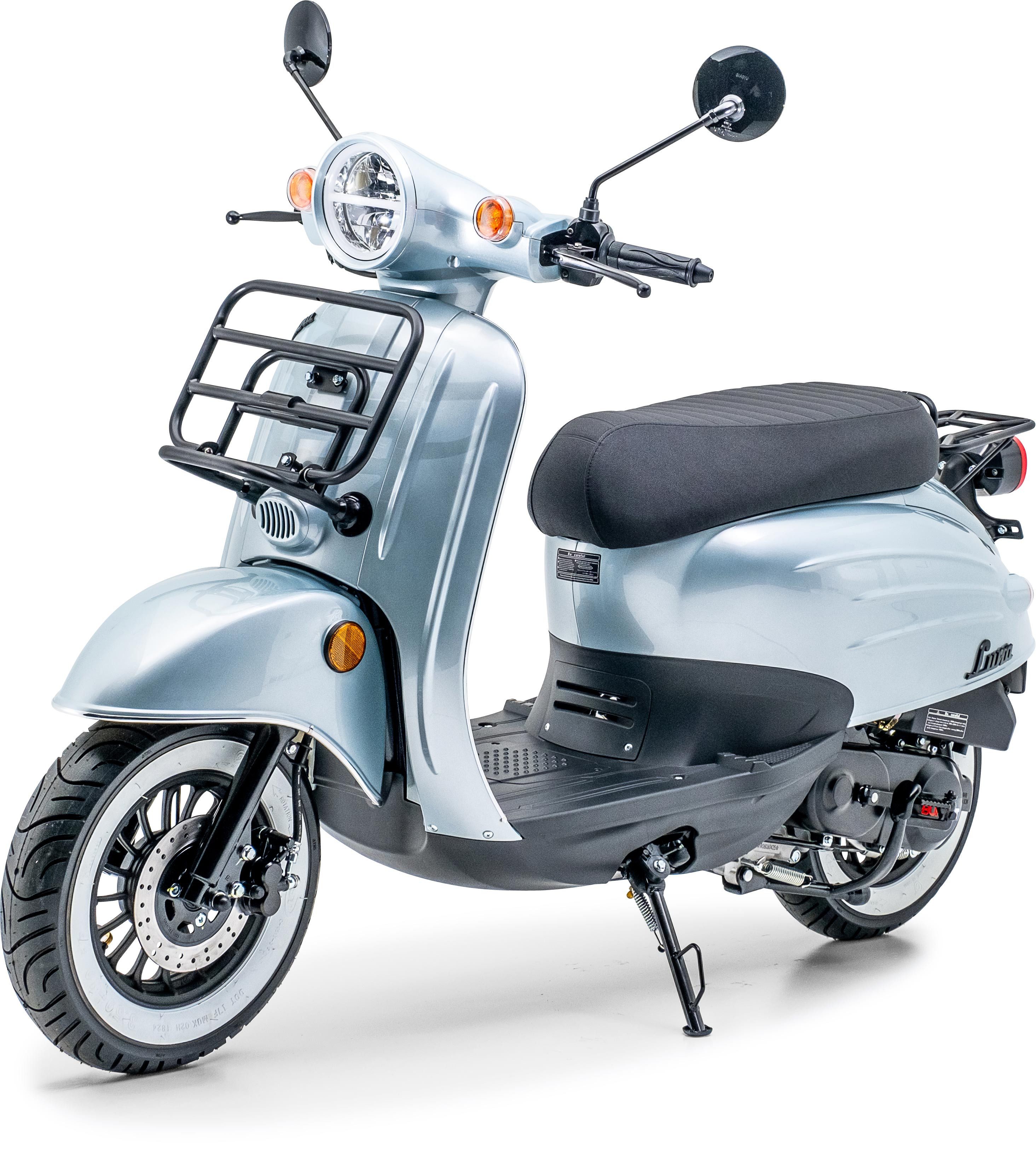 Burnout Motorroller Luna Silber, 50 ccm, 45 km/h, Euro 5, Unverwechselbares Retro Design, Moped
