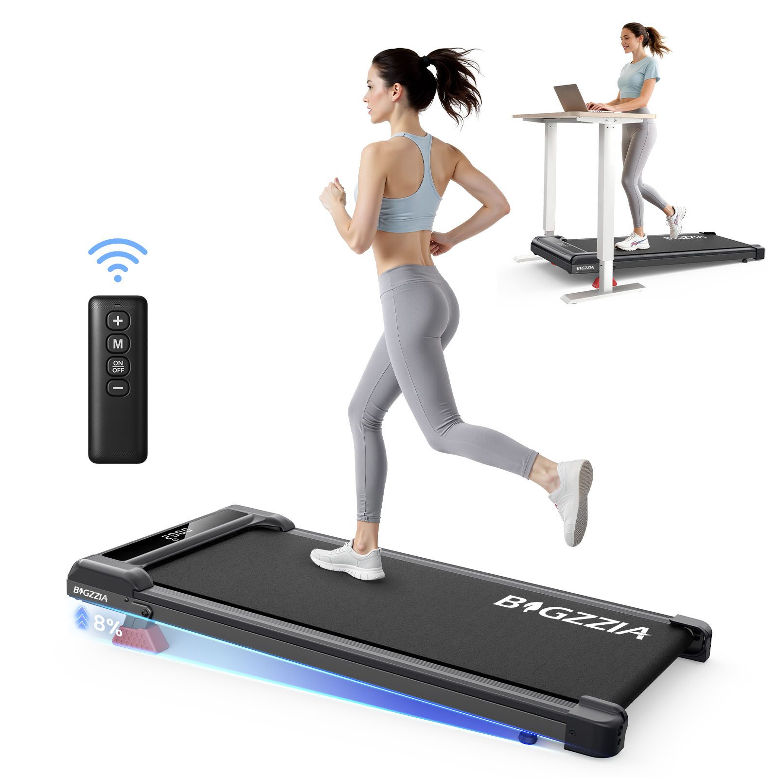 BIGZZIA Laufband - Tragbar Laufbänder 3 in 1 - Laufband mit 8% Steigung (Laufgerät für Zuhause bis 130KG - LED-Anzeige - Noise<45db), 1-10 km/h - Elektrisches 3.0 PS Bürstenloser Motor