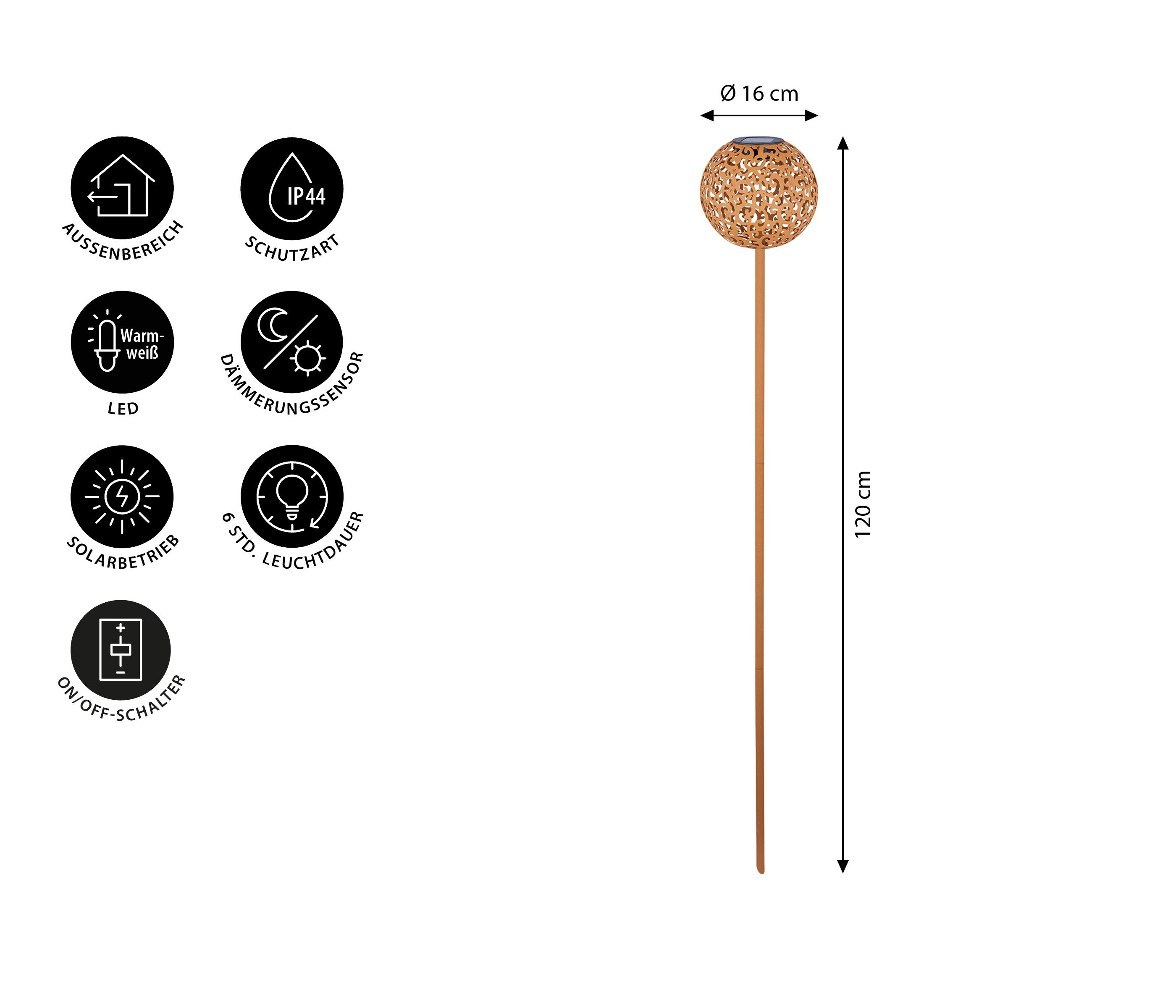 Dehner LED Solarleuchte Solarstab Kugelleuchte Lagos, warmweiß, Ø 16 cm, Höhe 120 cm, Warmweiß, Dekostab in Rostoptik, wetterfest, solarbetrieben