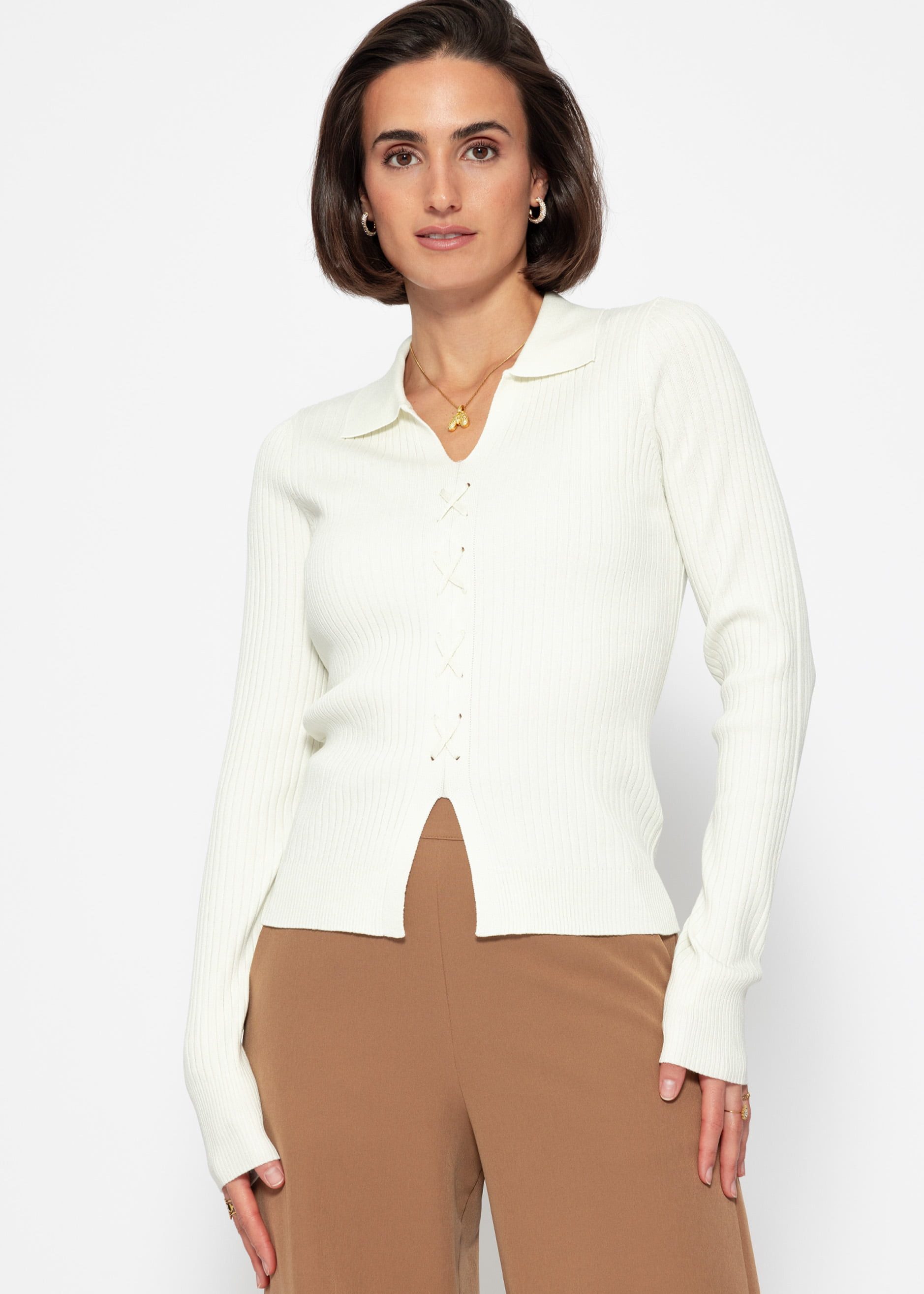 Langarmshirt Geripptes Langarmshirt Damen mit Schnürdetail