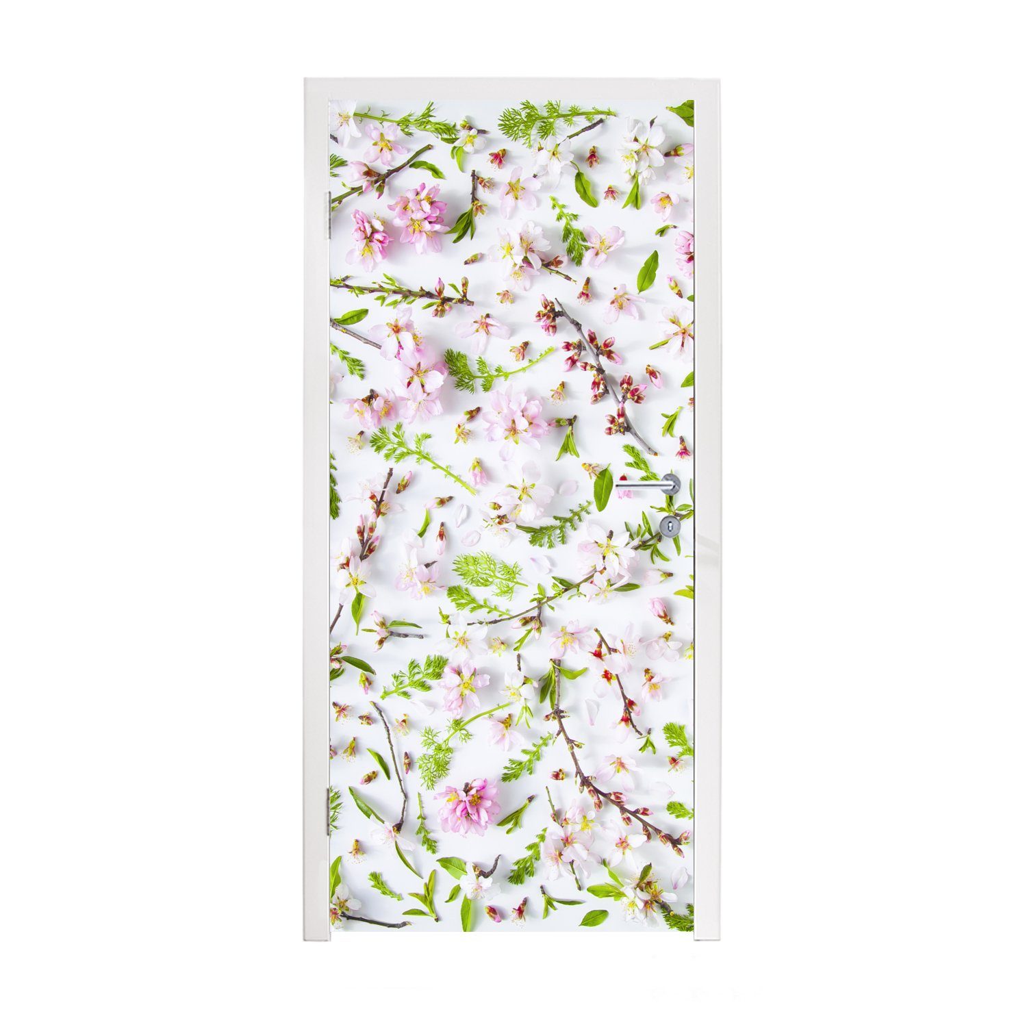 (1 Türtapete rosa Blumenmuster, und 75x205 Fototapete bedruckt, St), Matt, MuchoWow Türaufkleber, für Ein cm Tür, weißes