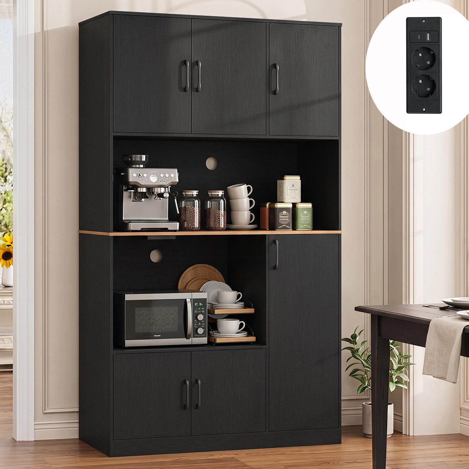 COSTWAY Küchenbuffet mit Steckdose, Arbeitsplatte Küchenschrank Holz 180cm Hochschrank