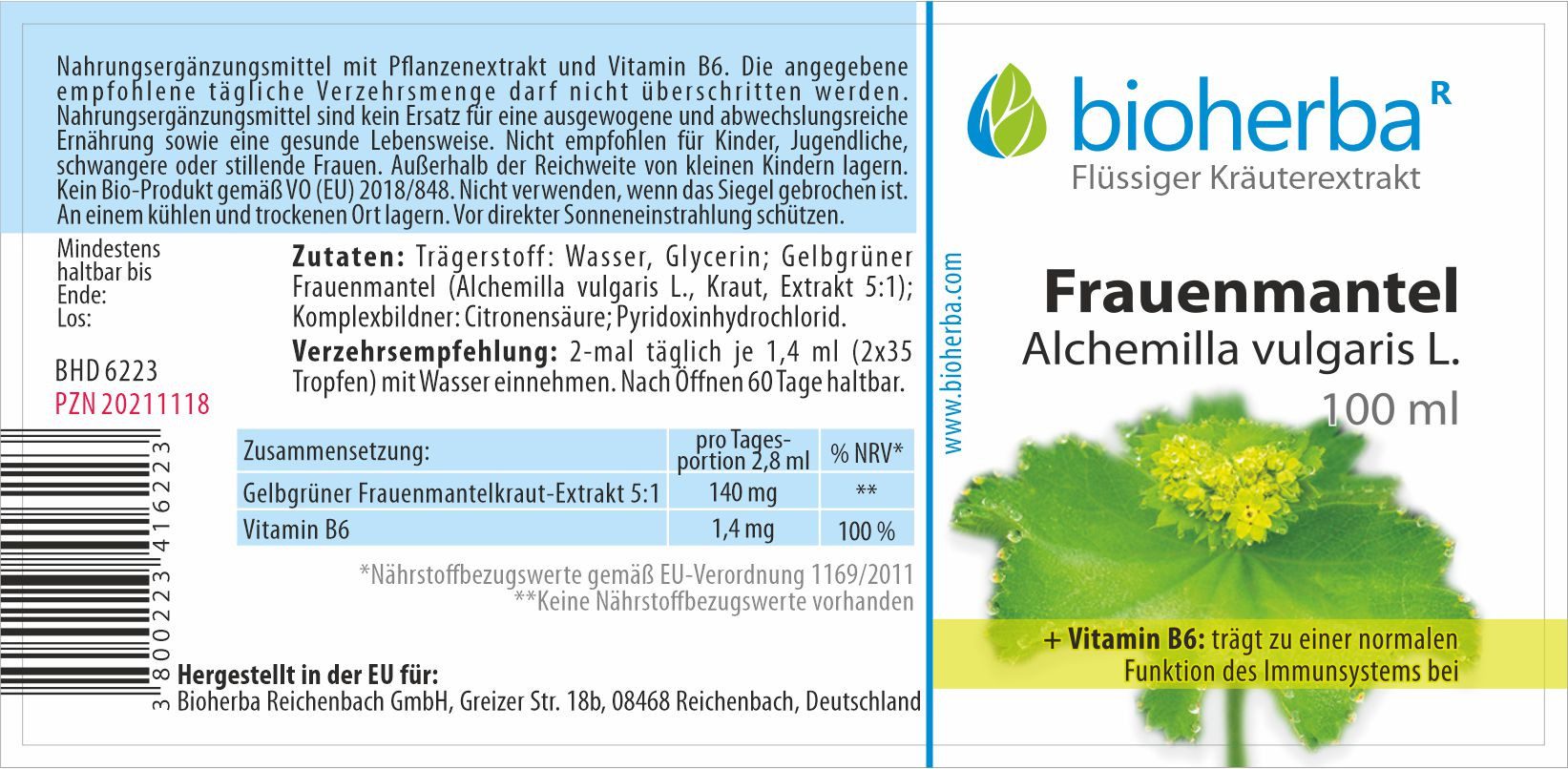 BIOHERBA R Bioherba Frauenmantel Alchemilla vulgaris L. Tropfen Tinktur 100 ml Nahrungsergänzungsmittel, 1 er