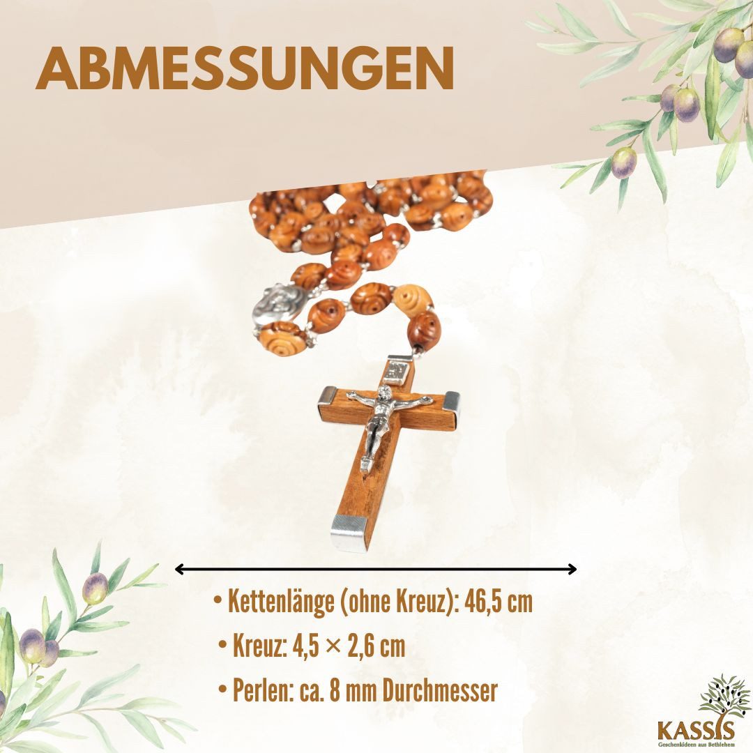 Kassis Geschenkartikel Kette ohne Anhänger Rosenkranz mit dekorierten Perlen aus Olivenholz, handgemacht, handgefertigt in Bethlehem, Geschenk zu mehreren Anläs – Bild 3 von 5