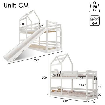 PHOEBE CAT Etagenbett (Hausbett mit Lattenrost), Kinderbett mit Rutsche, Leiter und Rausfallschutz 90x200cm