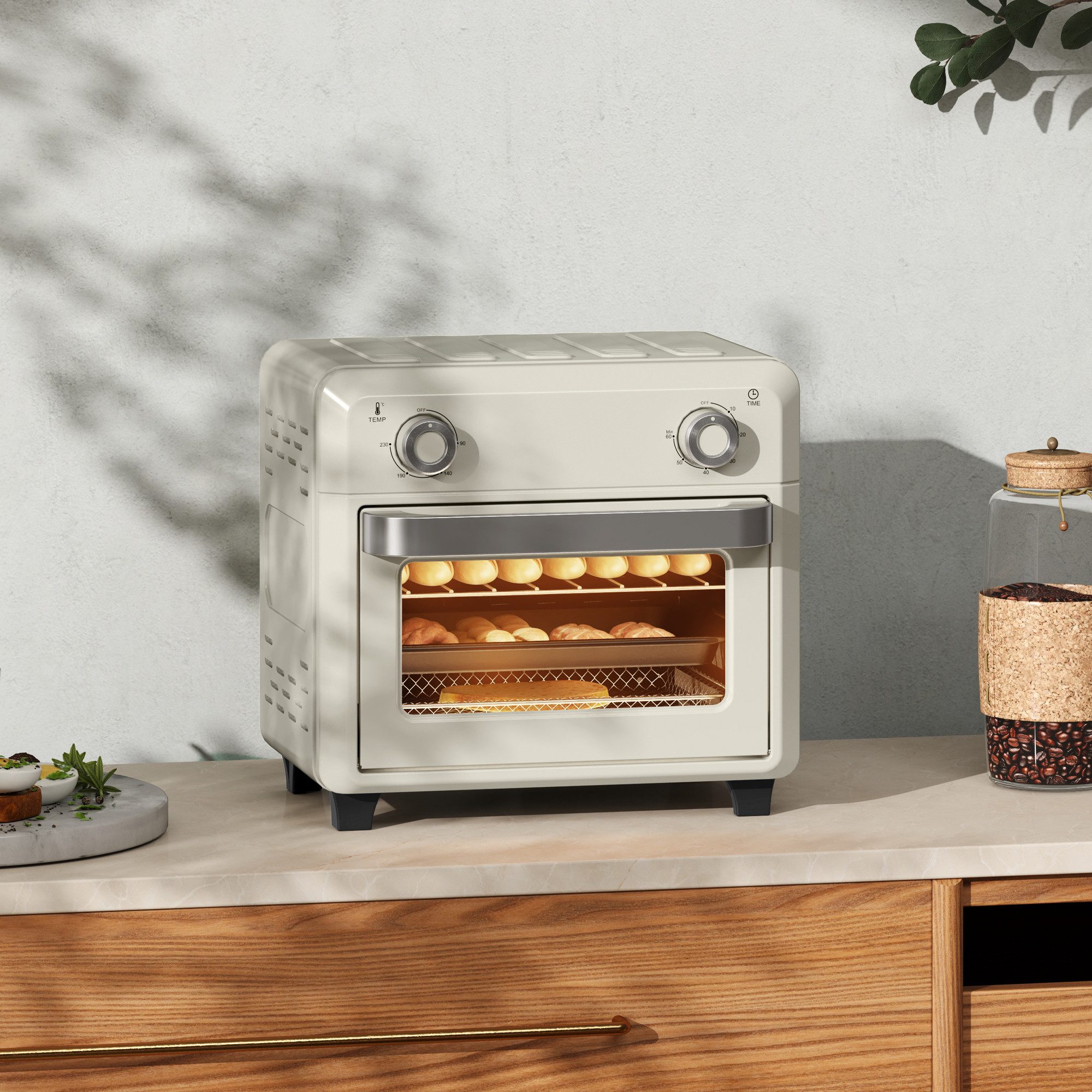 HOMCOM Minibackofen Backofen 10 L 750W 100-230℃ mit Backblech Pizza-Ofen, zum Grillen, Backen, Toasten, Cremeweiß