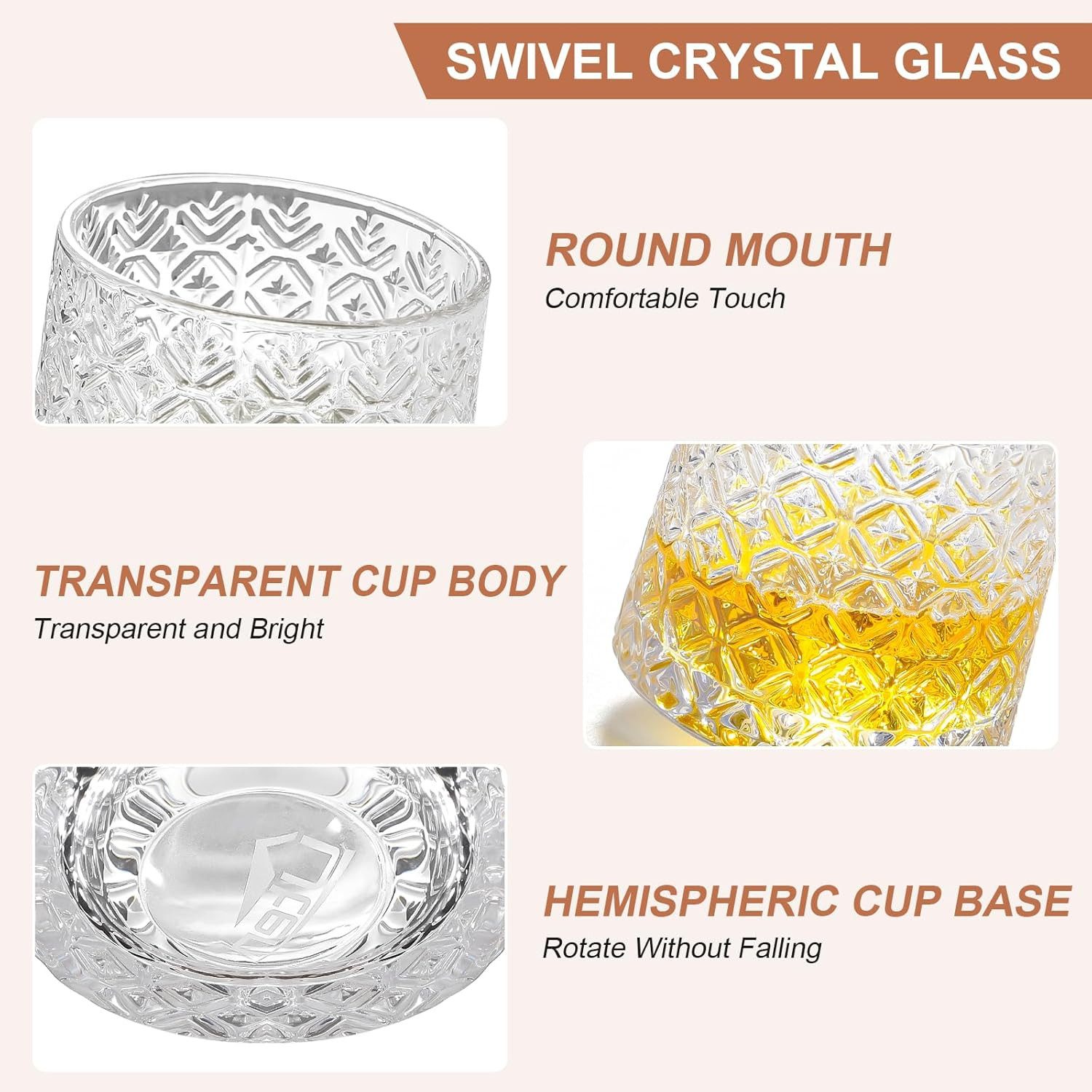 FANNOU Whiskyglas Drehbare Whiskygläser Kristall, 4-tlg., mit Untersetzer, Stehaufmännchen Gläser