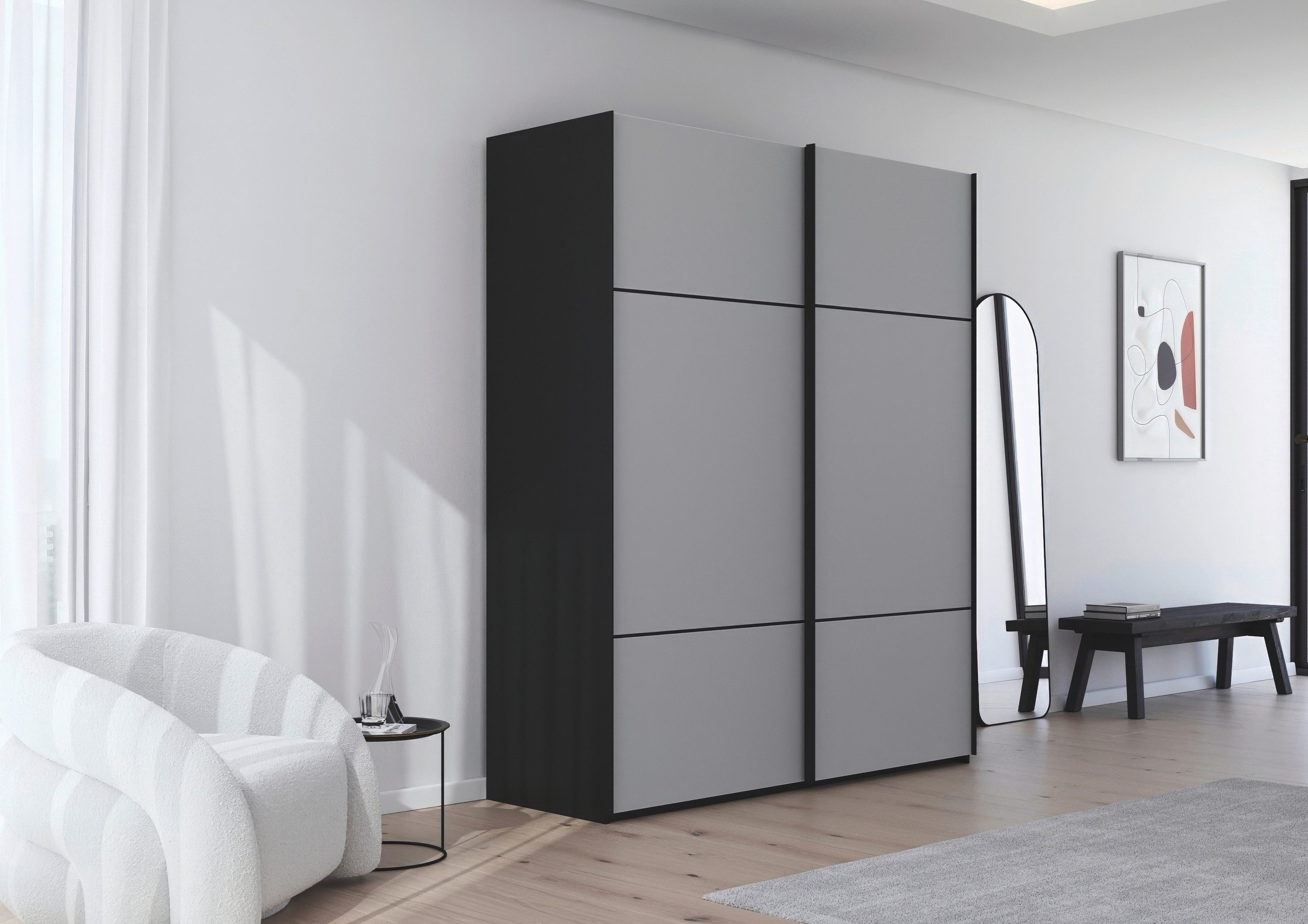 rauch Schwebetürenschrank Kleiderschrank Schrank Garderobe Schlafzimmerschrank SCALE-TRIO edle dreigeteilte Front mit 2 Zierleisten Glasfront MADE IN GERMANY