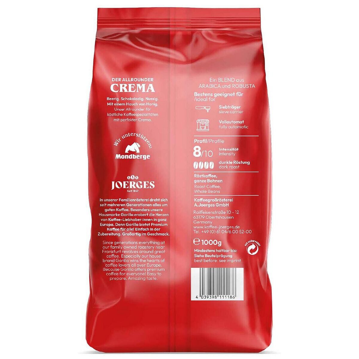Gorilla Kaffee Espresso Super Bar Crema, 1 kg, ganze Bohnen