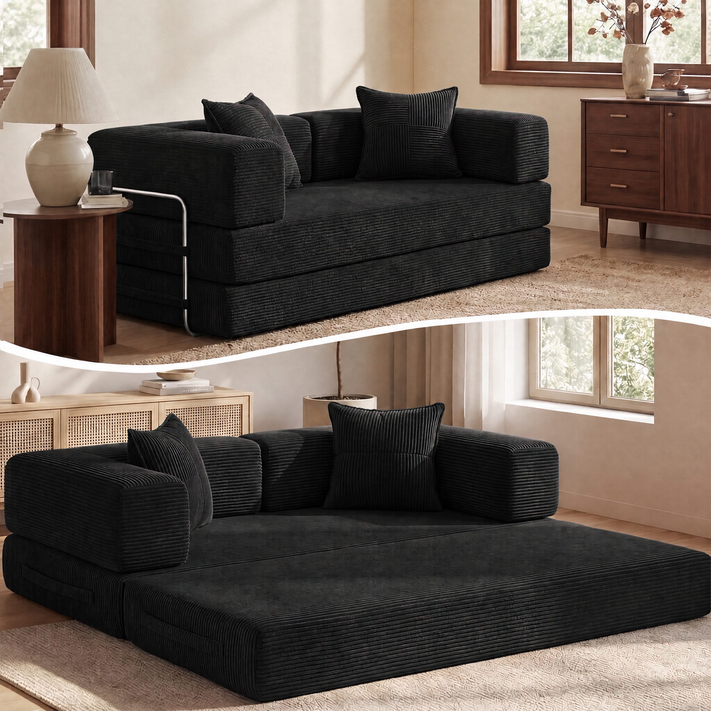 Vipbear Sofa 5-in-1 Wandelsofa aus Cord, Modulares Bodensofa, 1 Teile, montagefrei, Schwarz