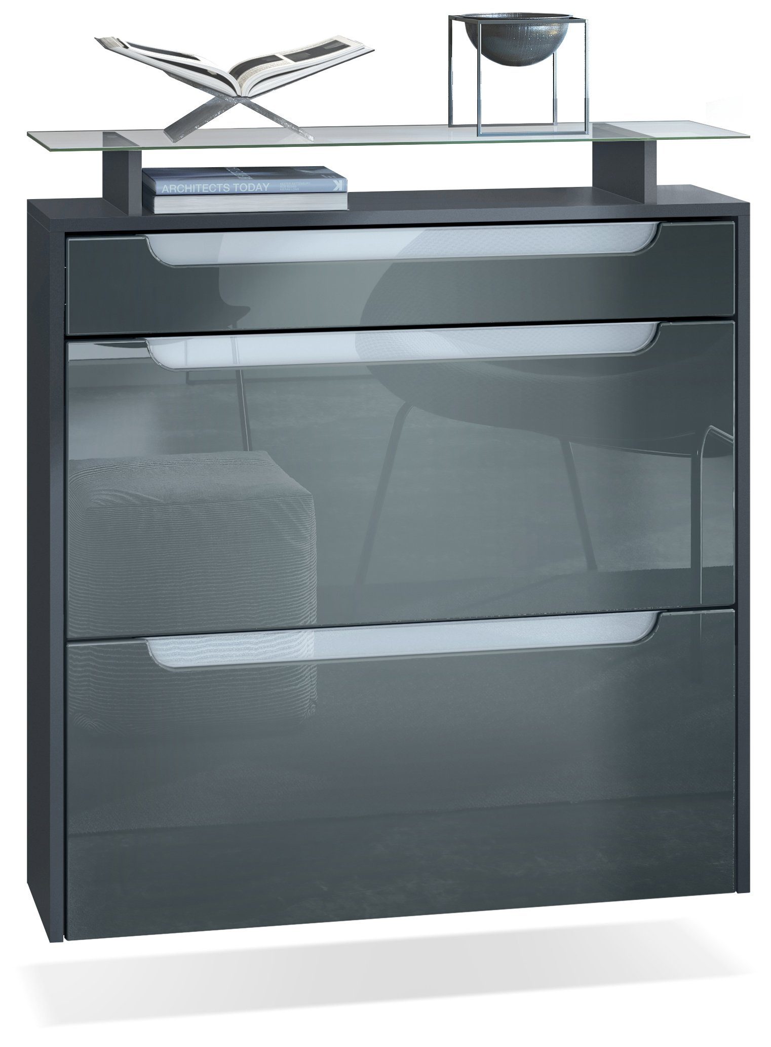 Vladon Schuhschrank Annie (Schuhkipper für 16 Paar Schuhe, mit 2 Klappen, Schublade und Glasablage) Anthrazit matt/ Grau Hochglanz, Mulden in Weiß Hochglanz (89x96x23 cm)