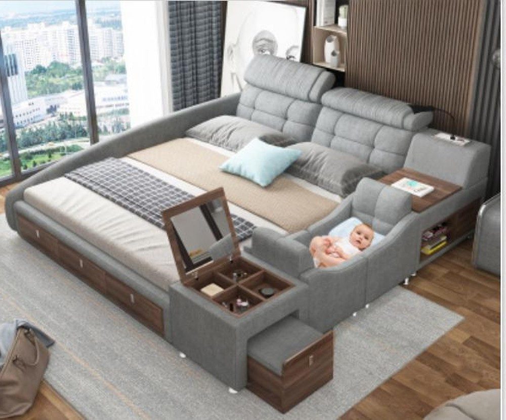 Xlmoebel Multimediabett Polster Doppelbett in Leder mit gepolsterter Rückenlehne (1-tlg., Multifunktions Bett), Hergestellt in Europa