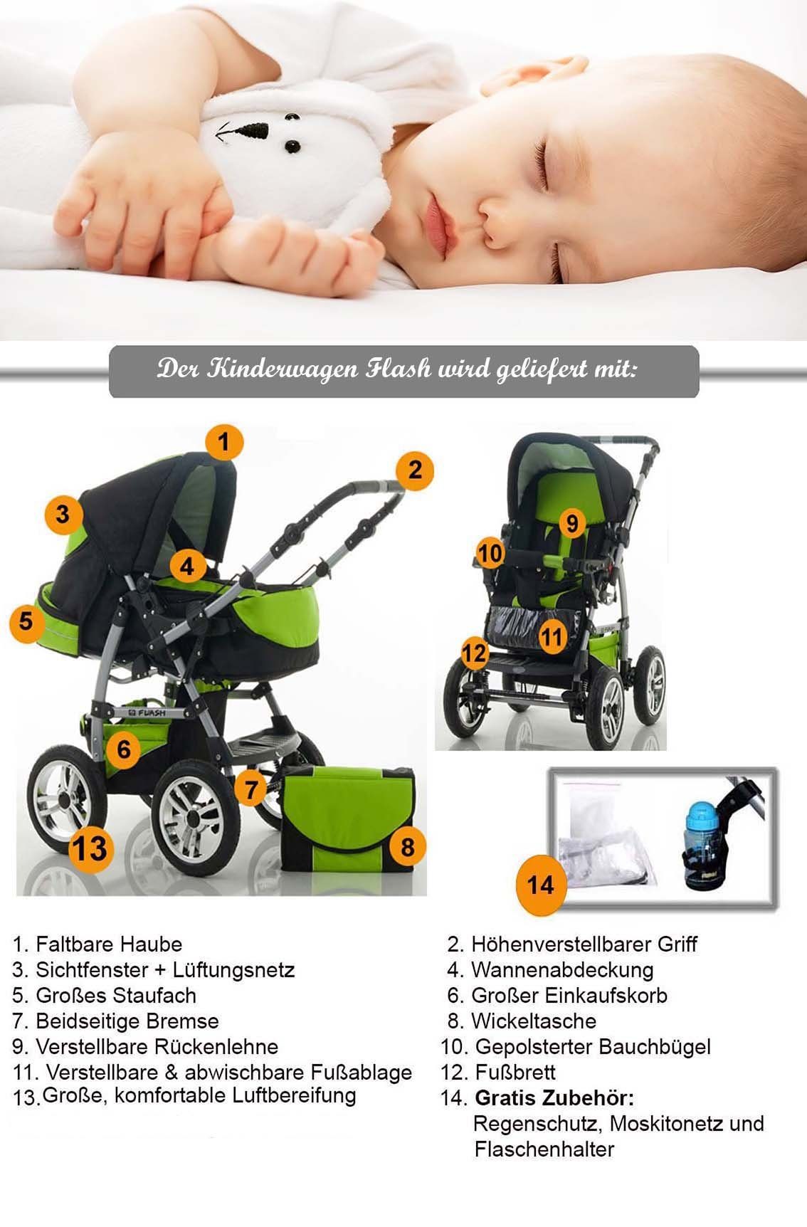 Farben in Teile 18 1 babies-on-wheels - Flash in 2 14 Kinderwagen-Set - Schwarz-Grün Kombi-Kinderwagen