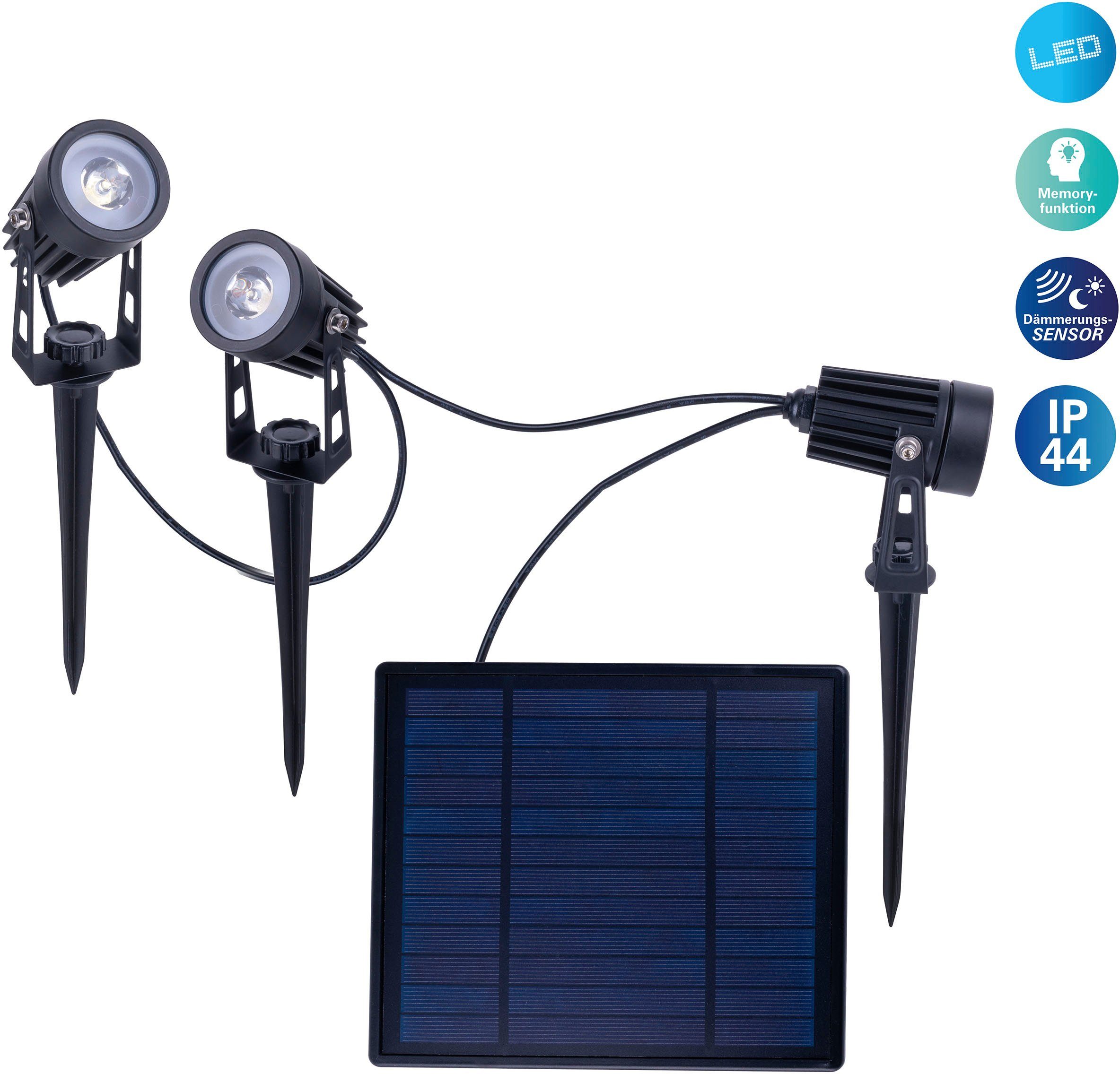 näve LED Solarspot Solarleuchte Solarpanel 6m Zuleitung mit LED Kaltweiß, Tageslichtsensor, fest Spoti, Memoryfunktion, 3er inkl. LED Erdspieß integriert
