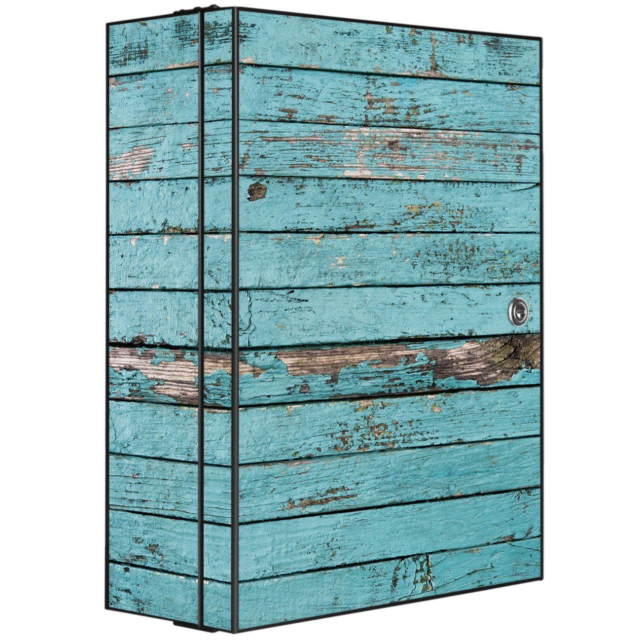 banjado Medizinschrank Stahl Blaue Holzlatten (abschließbar, 3 große und 2 kleine Fächer) 35 x 46 x 15cm schwarz