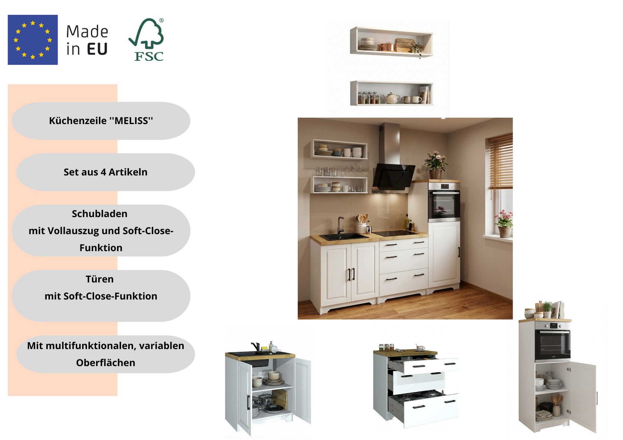 Home affaire Küchenzeile Meliss, aus massiver Kiefer, mit Soft-Close-Funktion, 5-teiliges Set