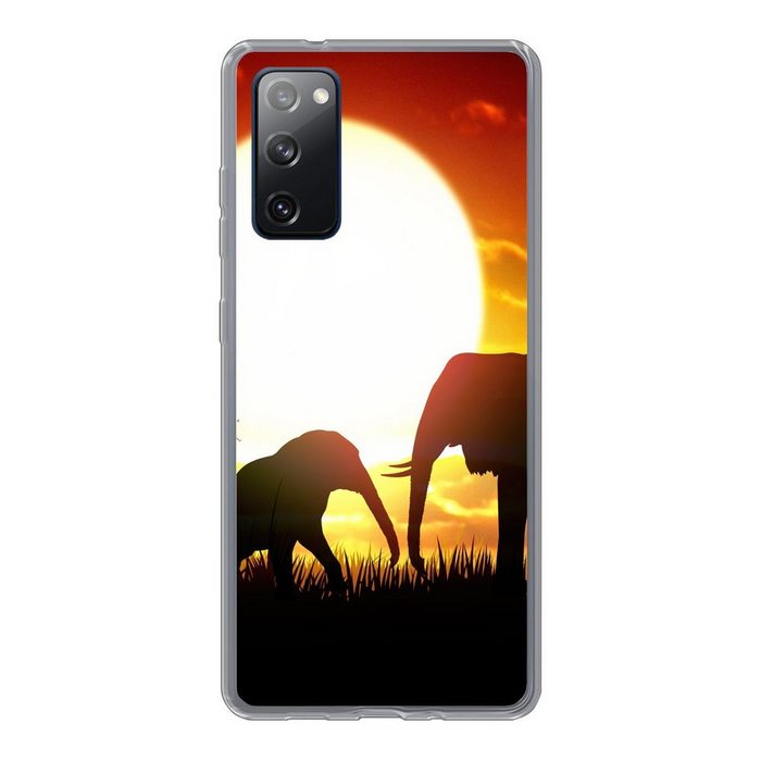 MuchoWow Handyhülle Eine Illustration von Elefanten bei Sonnenuntergang Phone Case Handyhülle Samsung Galaxy S20 FE Silikon Schutzhülle