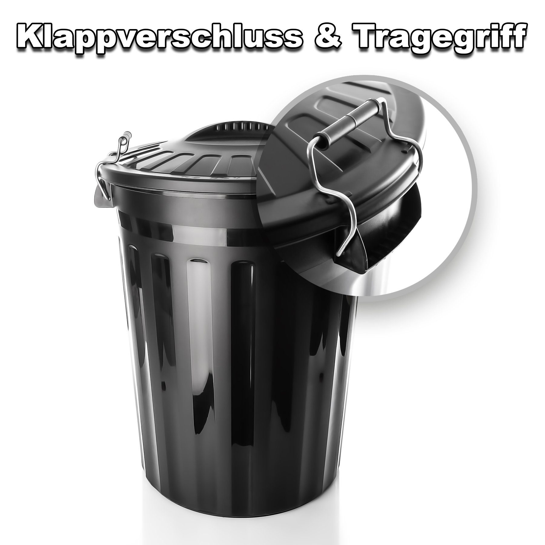 BigDean Mülleimer Wetterfeste Universaltonne mit Deckel Schwarz, Universaltonne, Mit Deckel, 2 Griffen, Clipverschlüssen