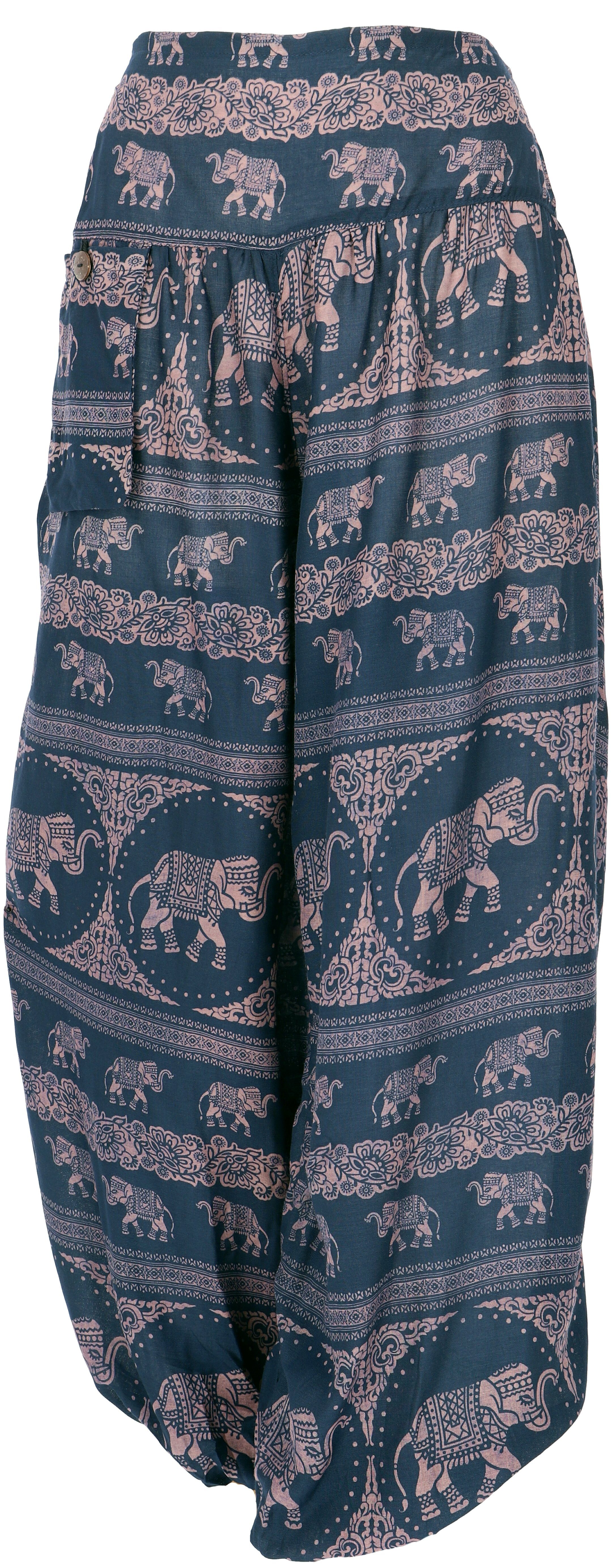Guru-Shop Relaxhose Luftige Pluderhose mit Elefantendruck,.. Ethno Style, alternative Bekleidung blau