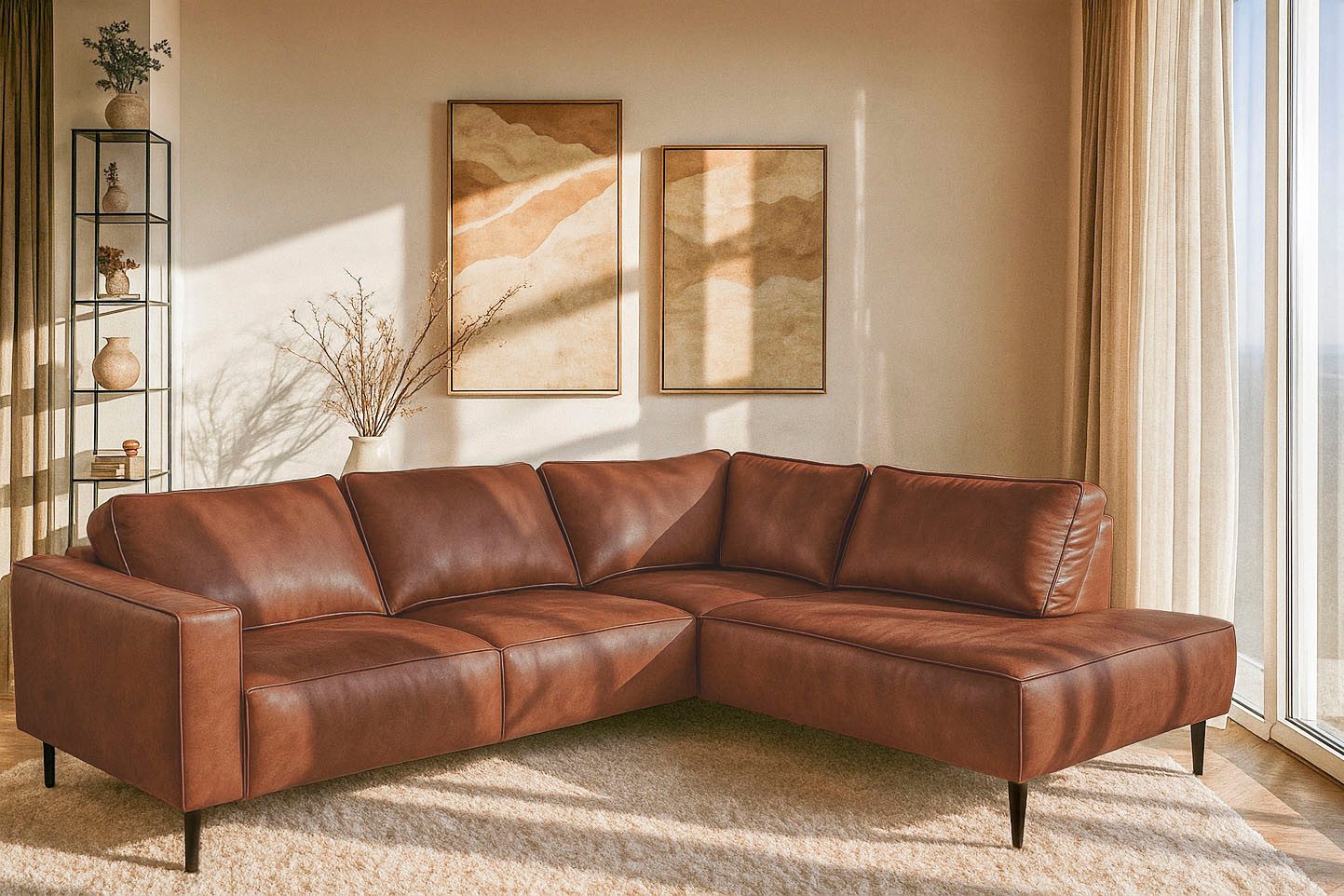 Home affaire Ecksofa Fumone, Lederoptik oder Soft-Touch Chenille, Breite 260, mit schwarzen Massivholzfüßen