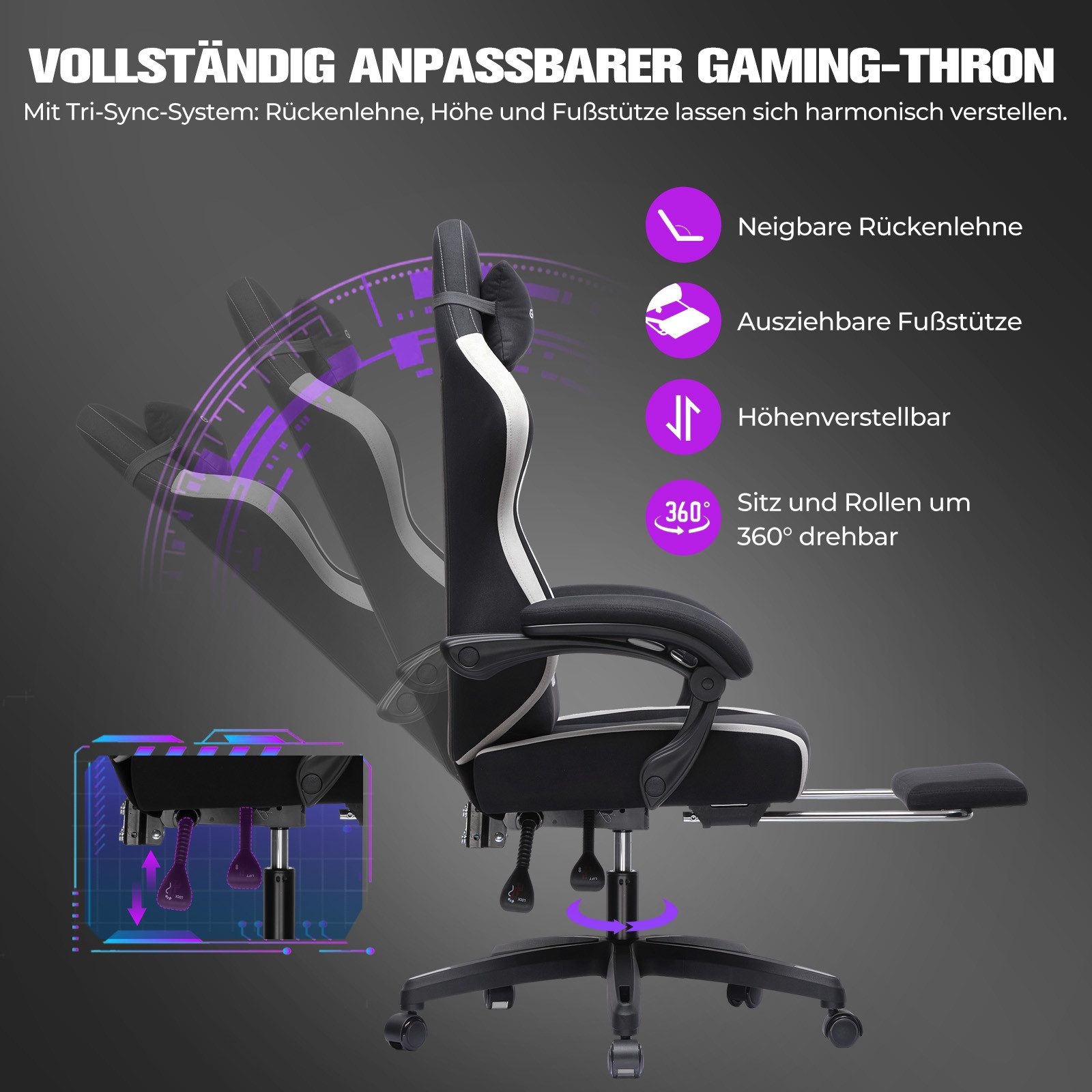 GTPLAYER Gaming-Stuhl Ergonomischer Gaming Sessel Schreibtischstuhl aus Stoff/Kunstleder (Packung), Federsitzkissen mit Fußstütze