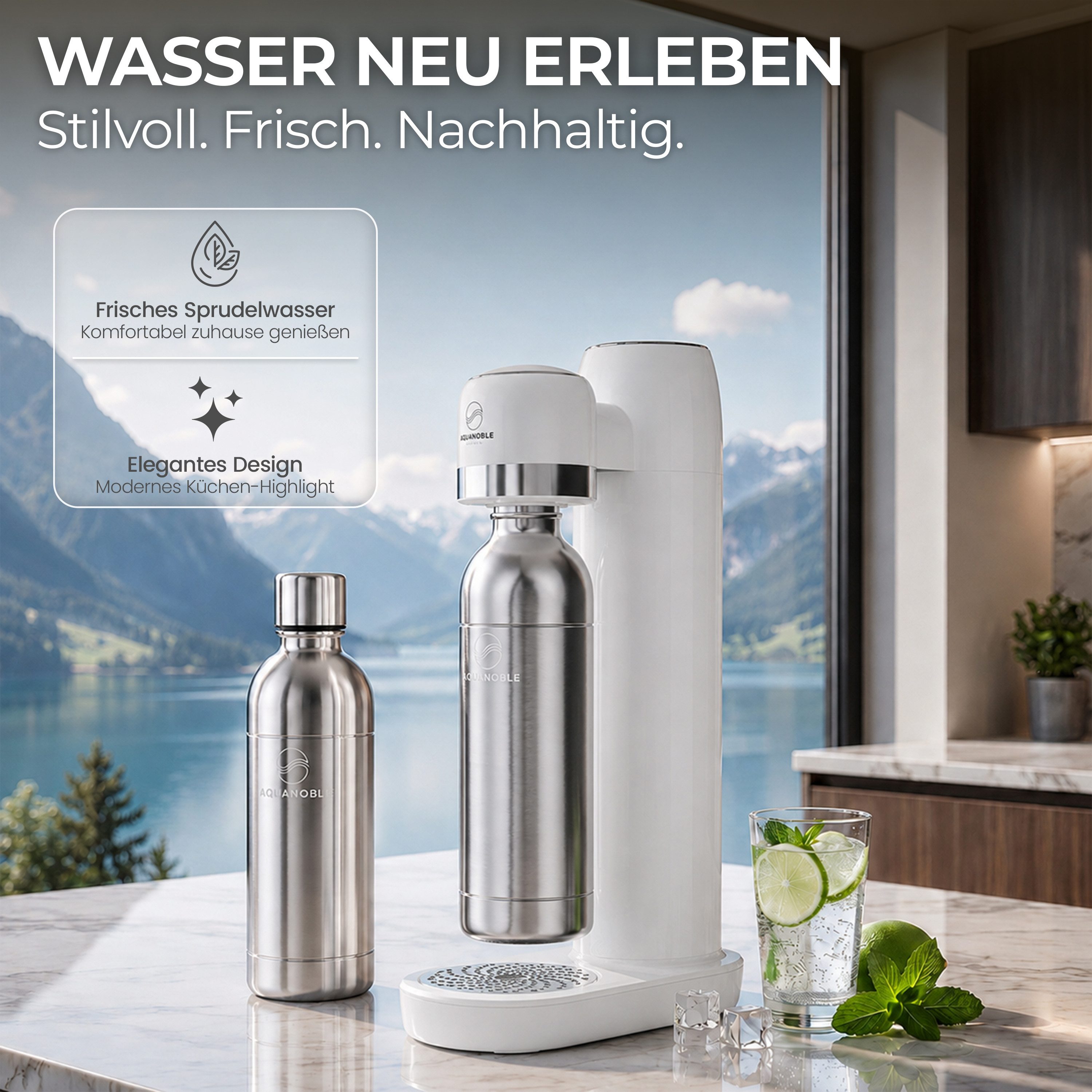 AQUANOBLE SYSTEMS Wassersprudler Wassersprudler inkl 2 Edelstahl Flaschen– CO₂ Soda Sprudler, (Set, Wassersprudler inkl. 2 Edelstahlflaschen), Passend für handelsübliche 425-g- CO₂-Zylinder mit TR21x4 Gewinde