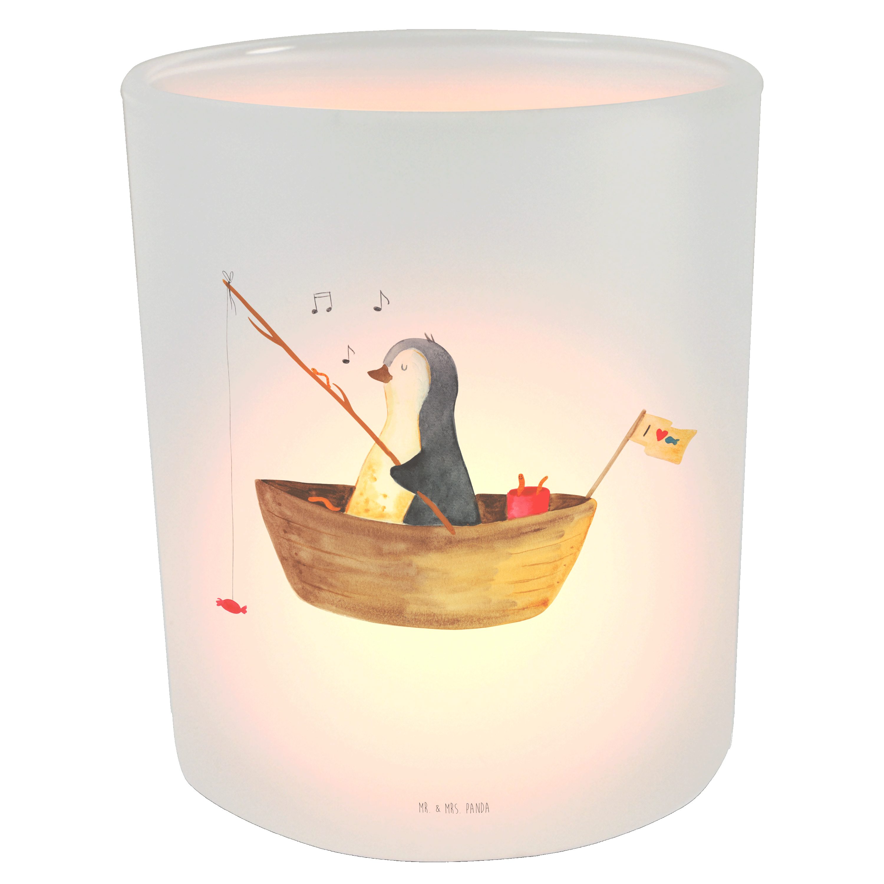 Mr. & Mrs. Panda Windlicht Pinguin Angelboot - Transparent - Geschenk, Angeln, Trennung, Kerzenl (1 St)