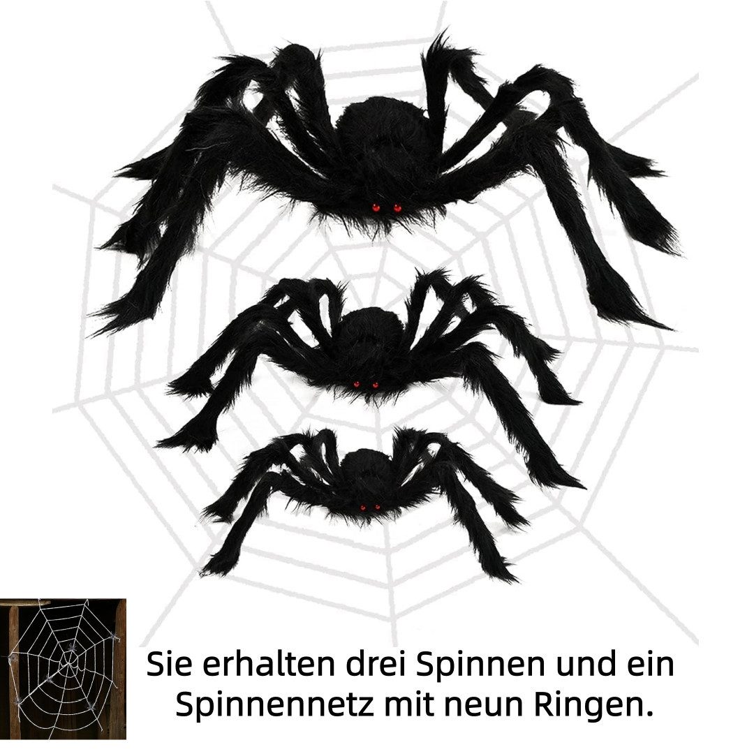 FOUORTUNATE-BEE Hängedekoration 3er Set Halloween Spinnen mit Spinnennetz, schwarze Gruseldeko Party, Große Halloween Spinnen mit Netz für Garten, Fenster und P – Bild 2 von 5