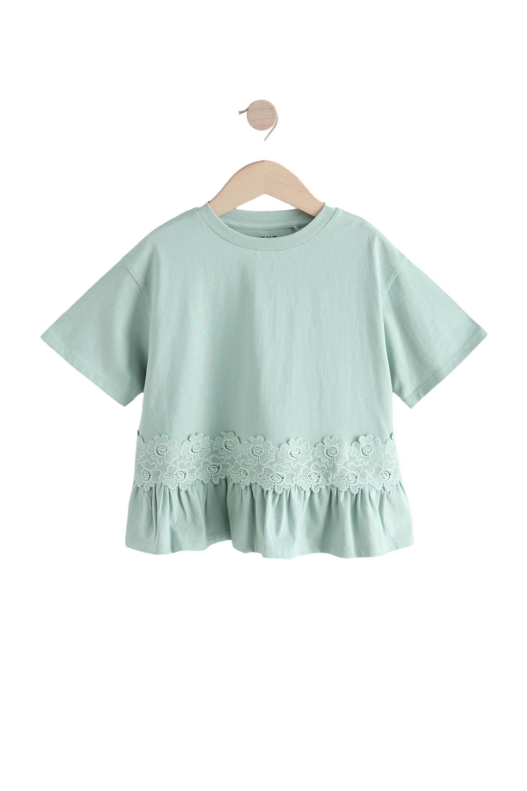 T-Shirt T-Shirt mit Spitze und Rüschensaum 100 % Baumwolle