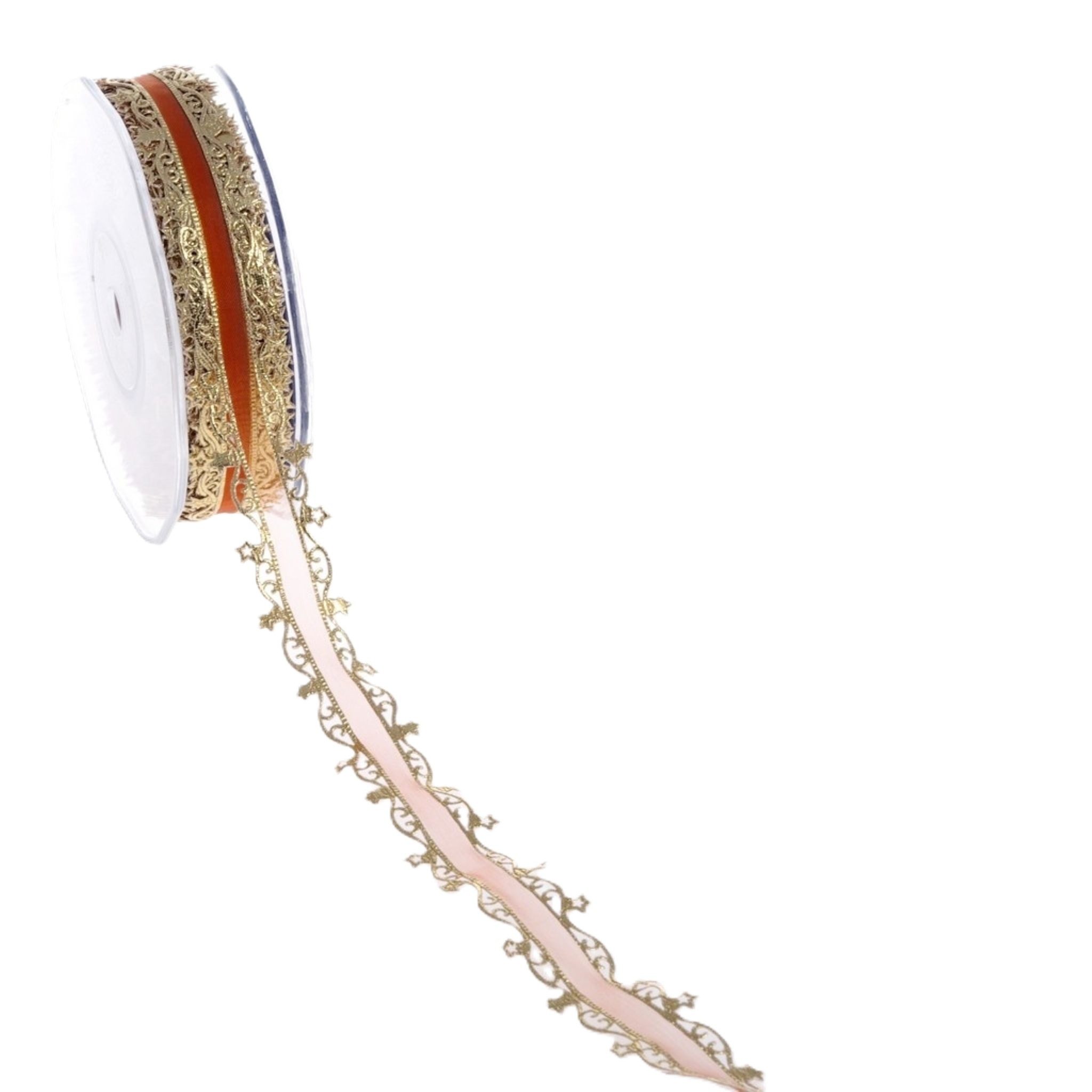 Deko AS Geschenkband Organzaband mit Sternchenkante - 23mm - 20m - Orange-Gold, mit Sternchenkante